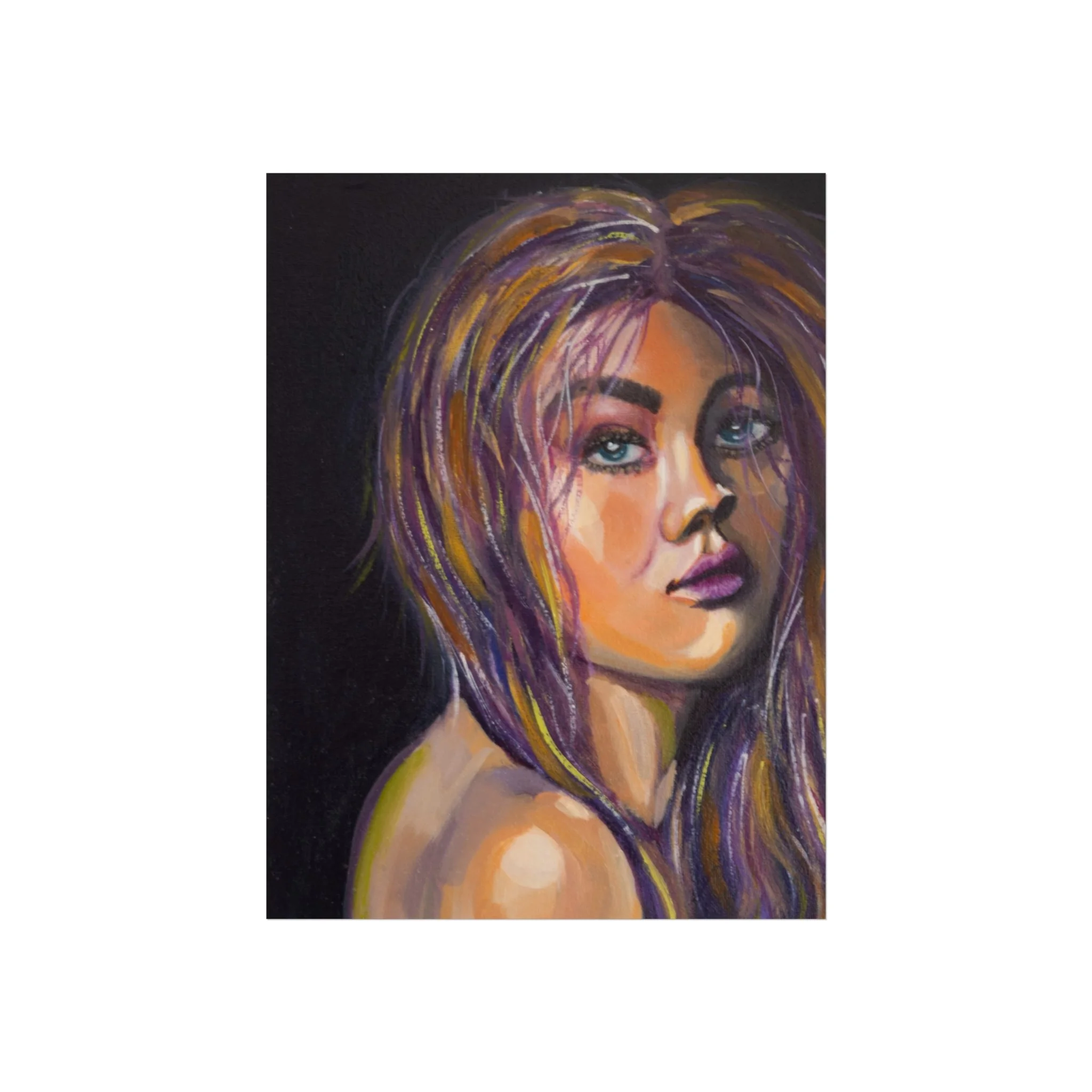 If Only I Didn't Care contemporary female portrait fine art print by Virginie Bergar — expressive portrait in purple, ochre and warm tones on a dark background
