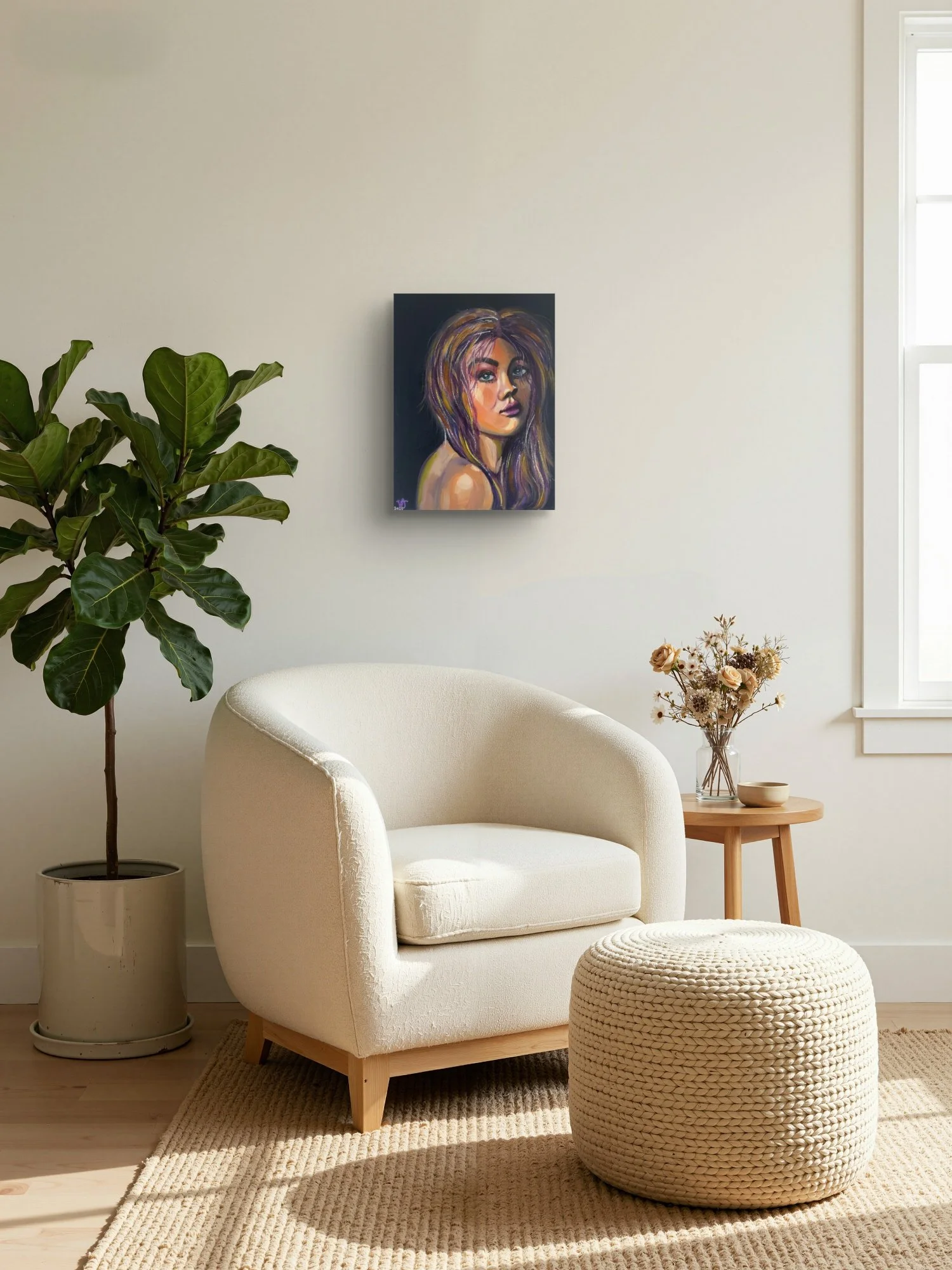 If Only I Didn't Care female portrait fine art print by Virginie Bergar — 12 × 18 in displayed above an armchair in a bright cosy sitting area