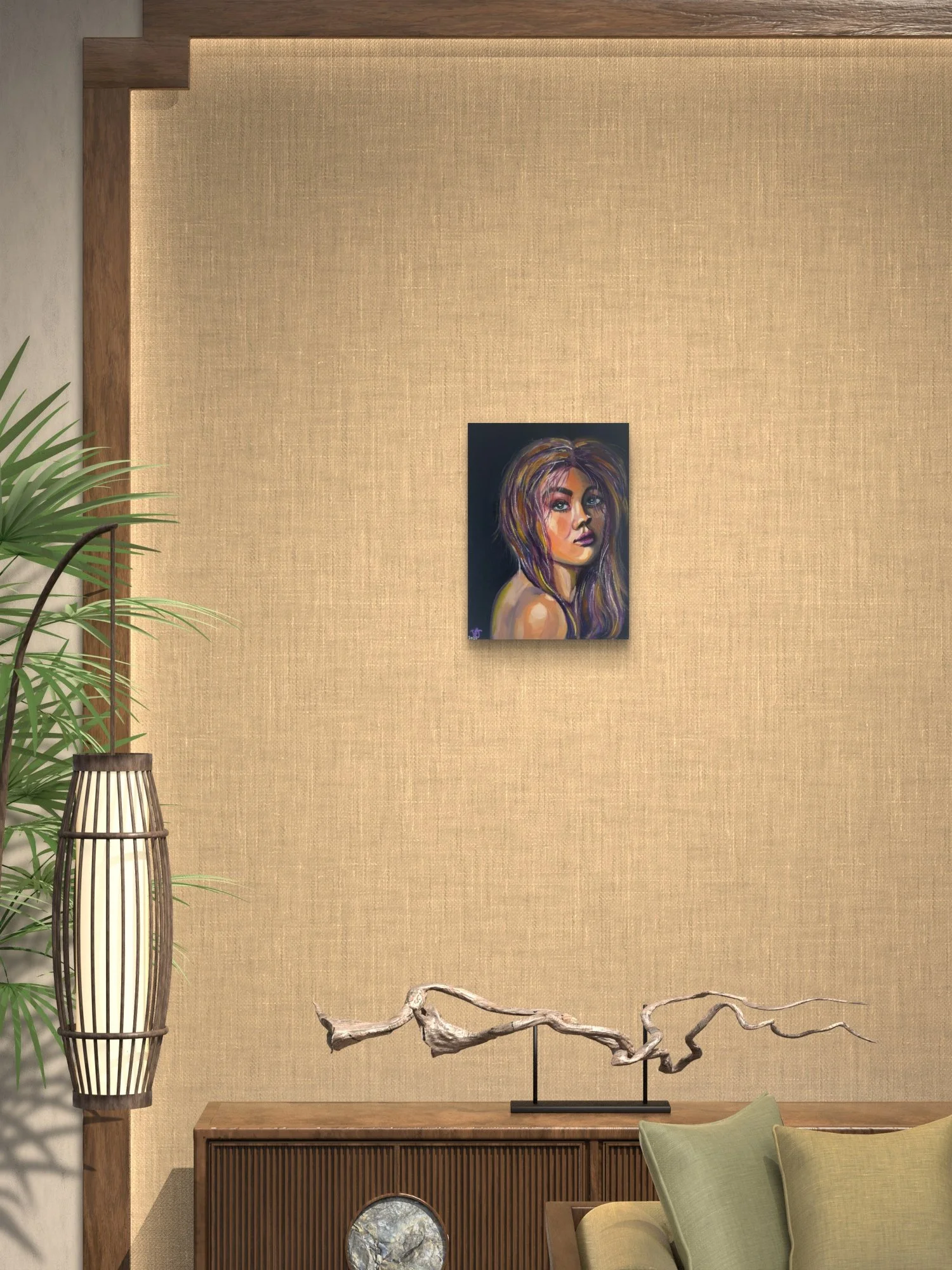 If Only I Didn't Care female portrait fine art print by Virginie Bergar — 12 × 18 in displayed above a wooden console in a warm contemporary interior