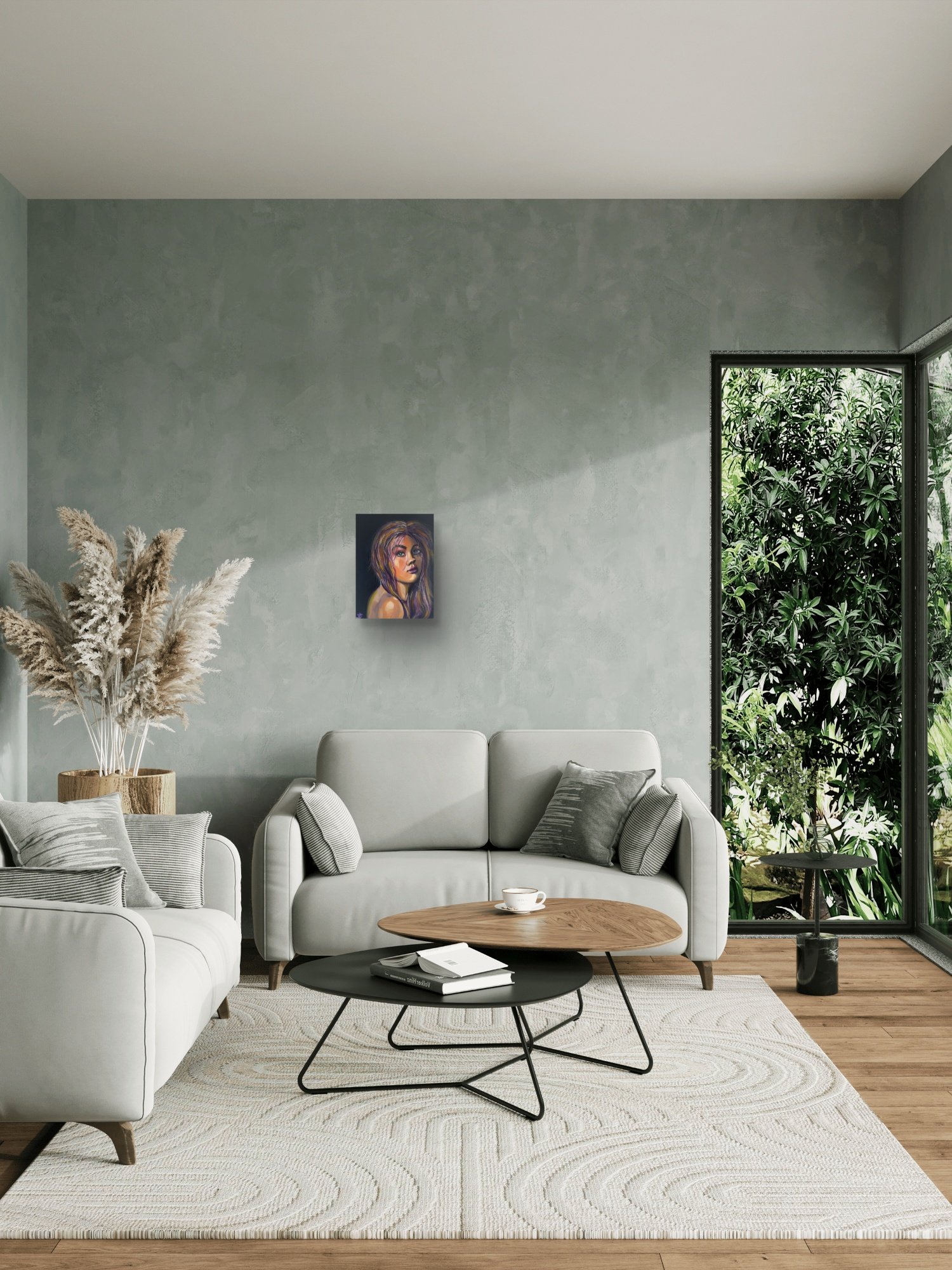 If Only I Didn't Care female portrait fine art print by Virginie Bergar — 12 × 18 in displayed above a sofa in a contemporary living room