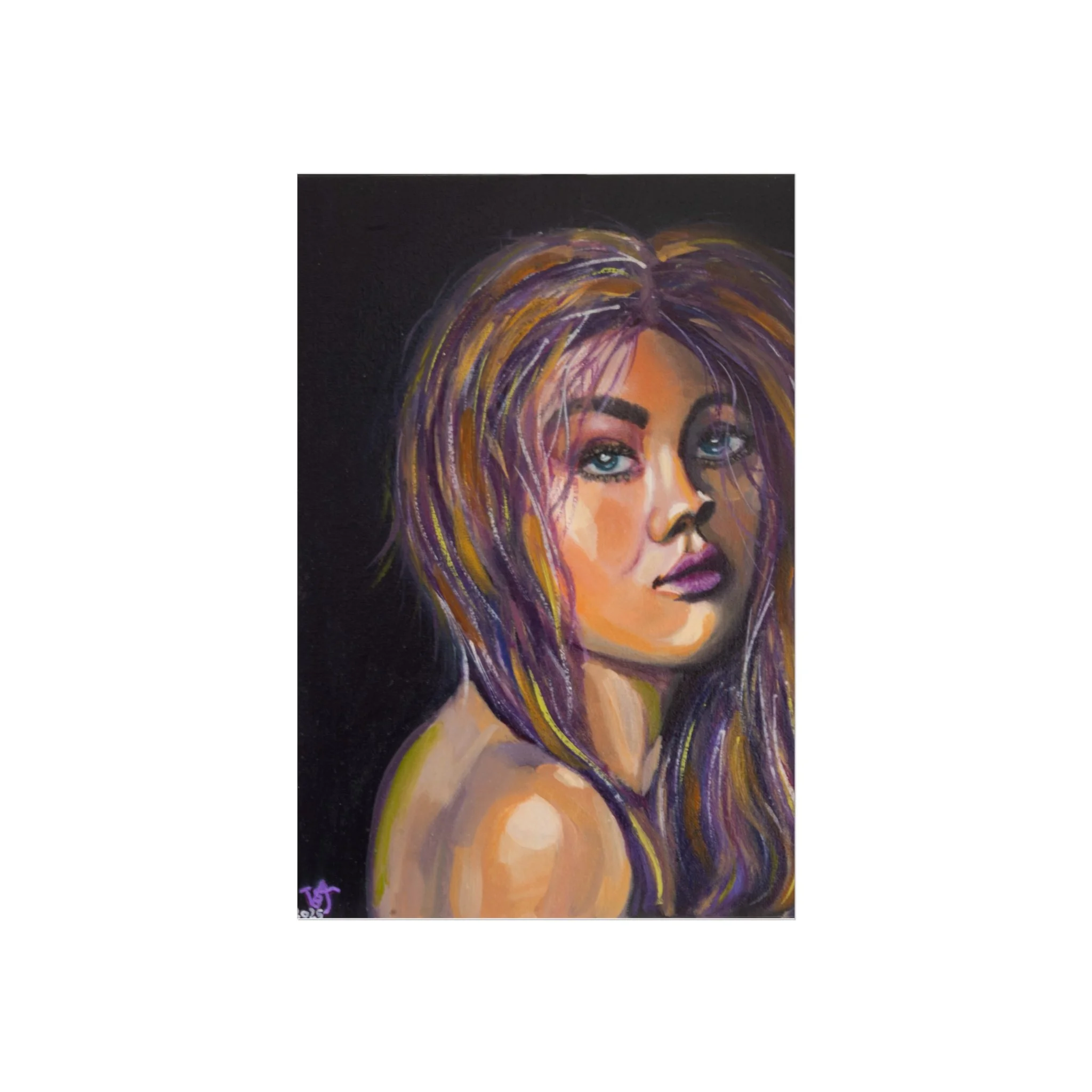 If Only I Didn't Care contemporary female portrait fine art print by Virginie Bergar — expressive portrait in purple, ochre and warm tones on a dark background