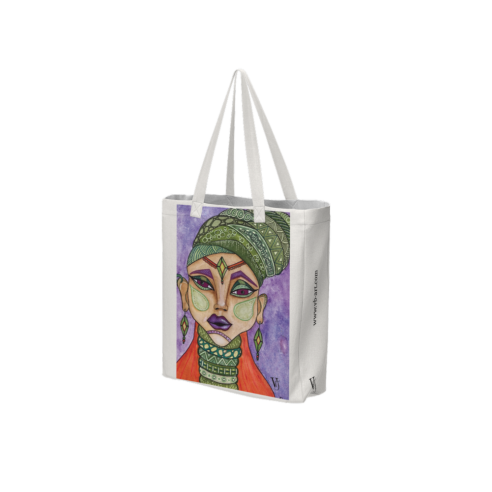 Graphic Portrait off white art tote bag featuring an original artwork by Virginie Bergar — 3/4 Front view
