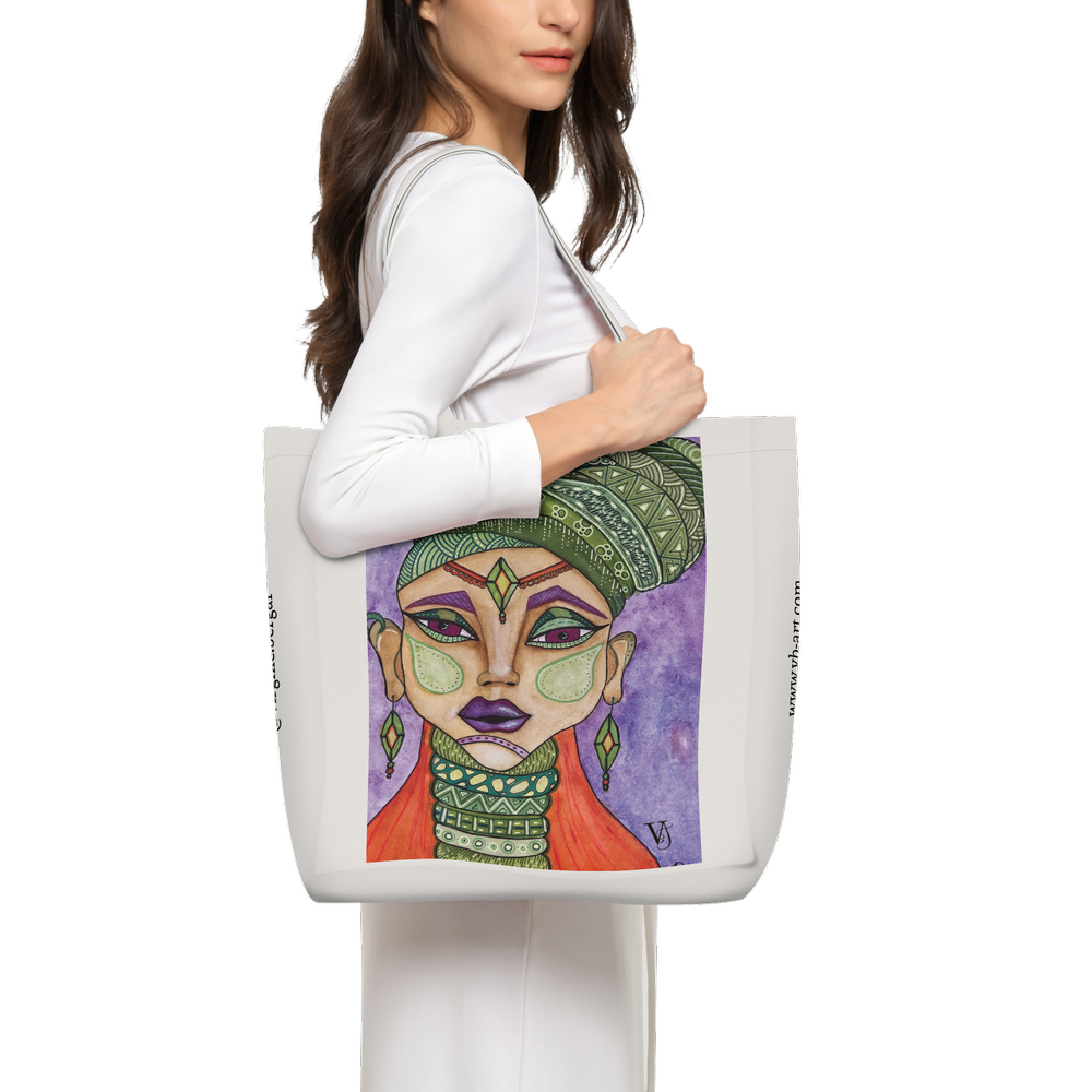 Graphic Portrait off white art tote bag featuring an original artwork by Virginie Bergar — front view carried over the shoulder
