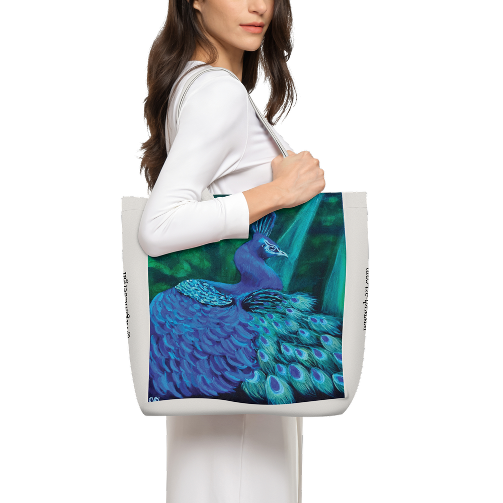 Beneath the light off white tote bag from an original artwork by virginie Bergar - VB-Arts - Front view worn over the shoulder