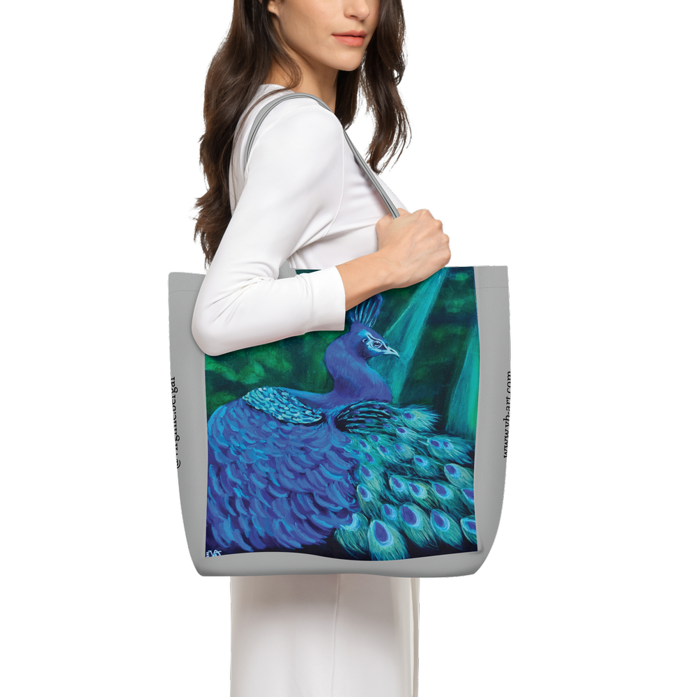 Beneath the light grey  tote bag from an original artwork by virginie Bergar - VB-Arts - Front view worn over the shoulder