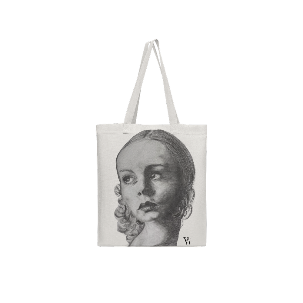 where Time fall quiet, an off white tote bag featuring an original artwork by french artist Virginie Bergar - front view
