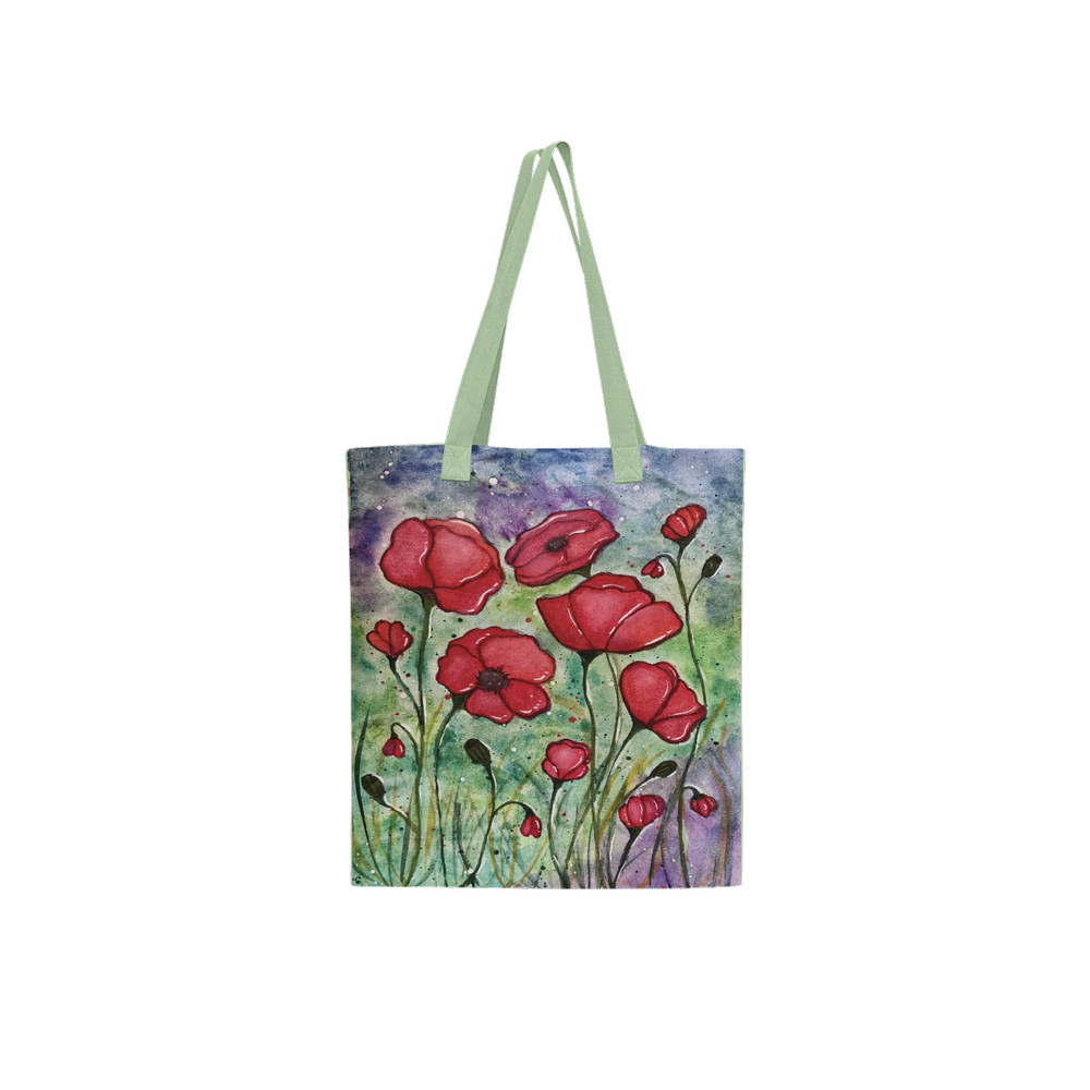 Field of poppies Spring Green art tote bag featuring an original artwork by Virginie Bergar — front view