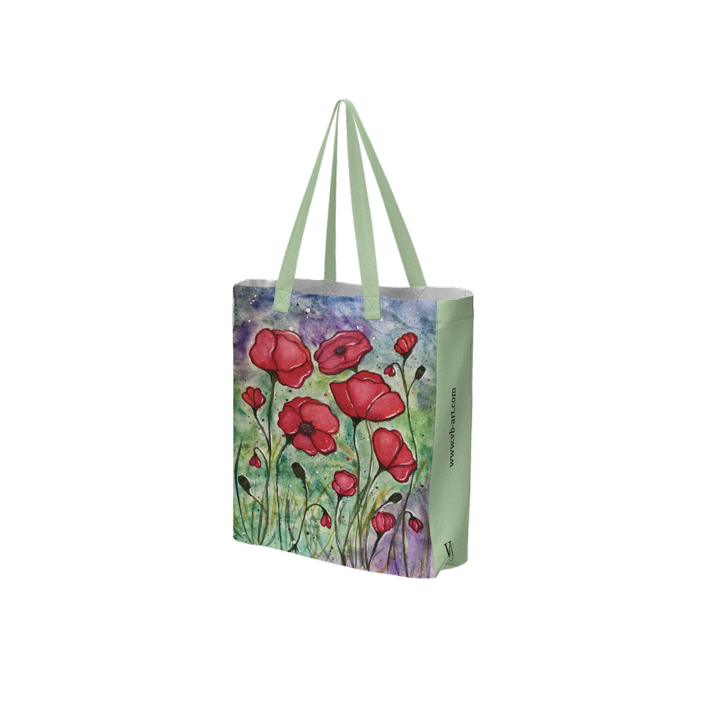 Field of poppies Spring Green art tote bag featuring an original artwork by Virginie Bergar — 3/4 front view