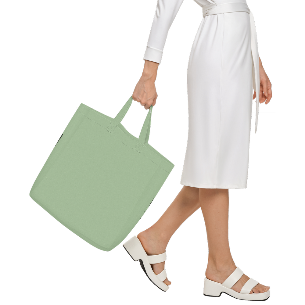 Field of poppies Spring Green art tote bag featuring an original artwork by Virginie Bergar — back view carried by hand