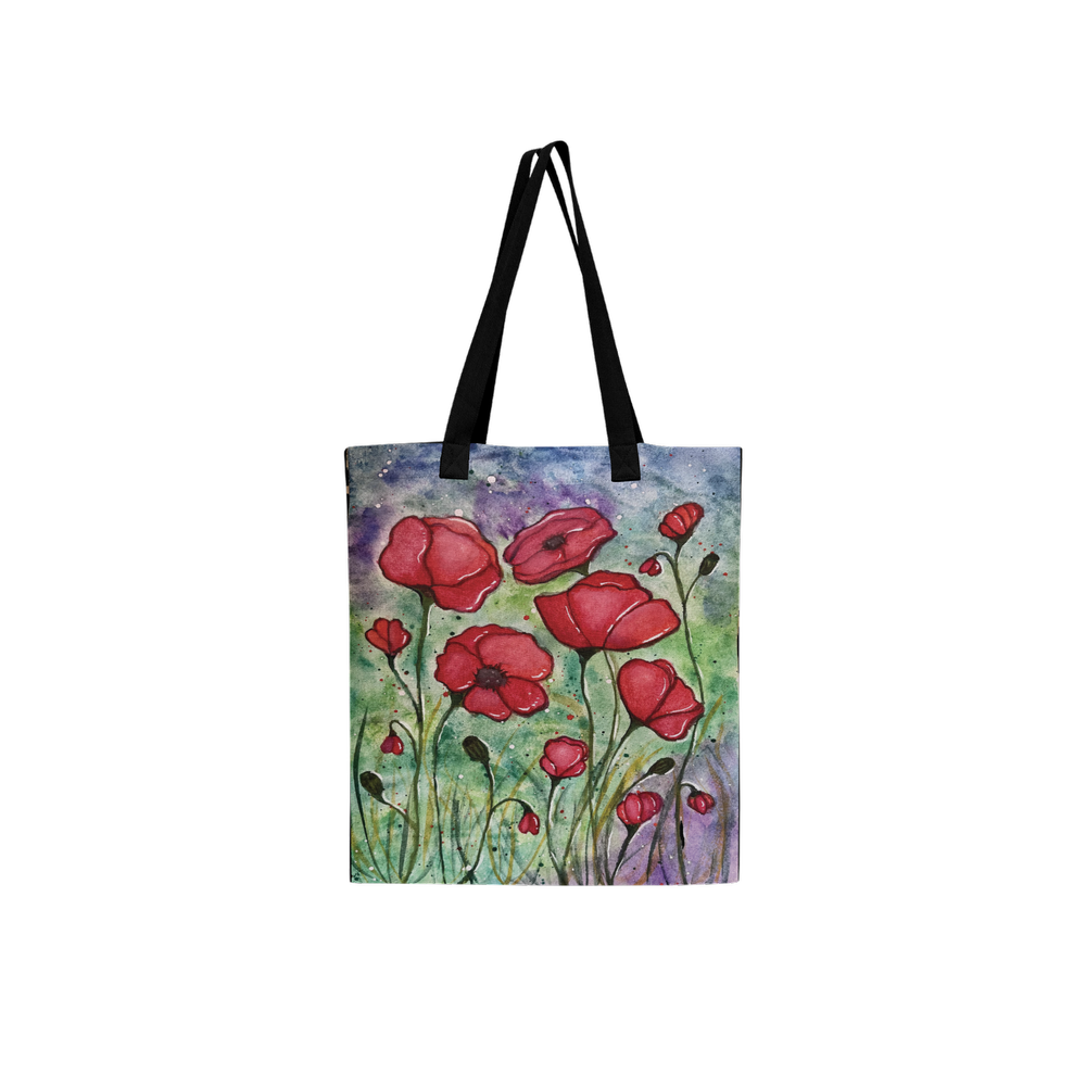 Field of Poppies black art tote bag featuring an original artwork by Virginie Bergar — front view