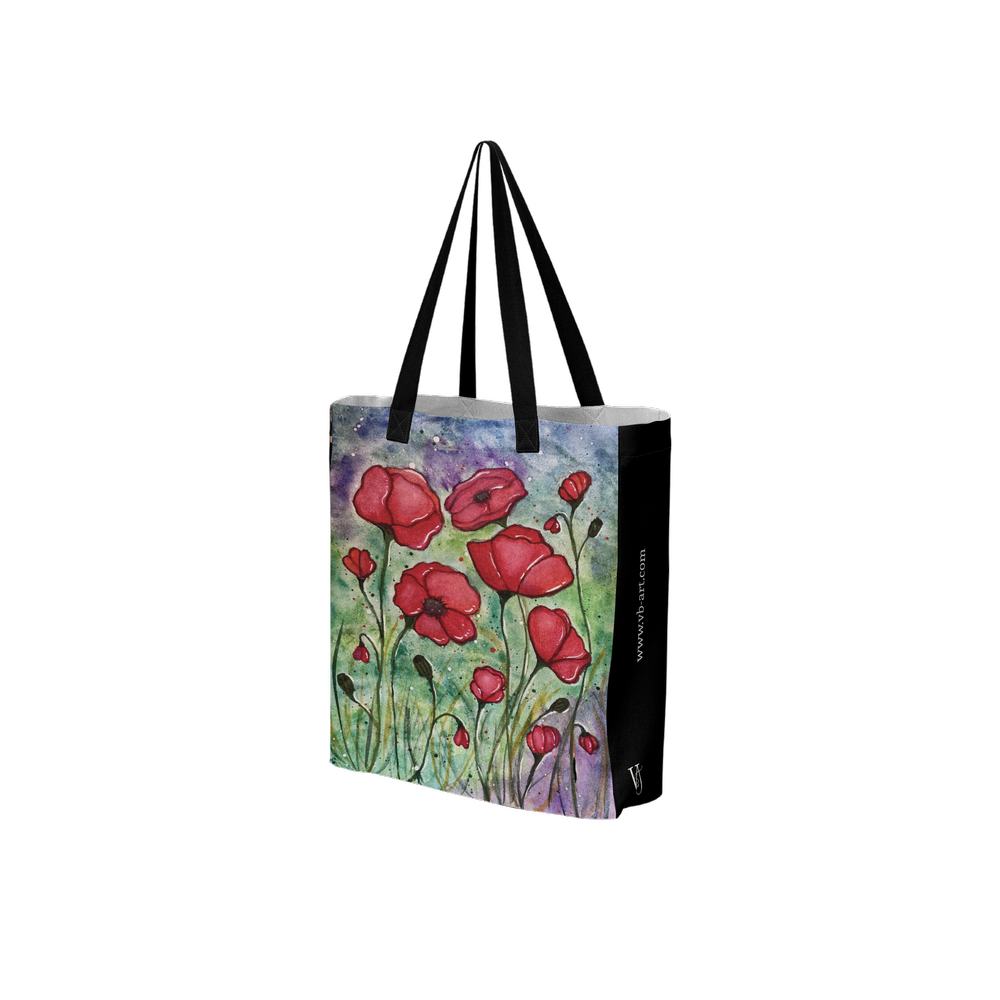 Field of Poppies black art tote bag featuring an original artwork by Virginie Bergar — 3/4 view