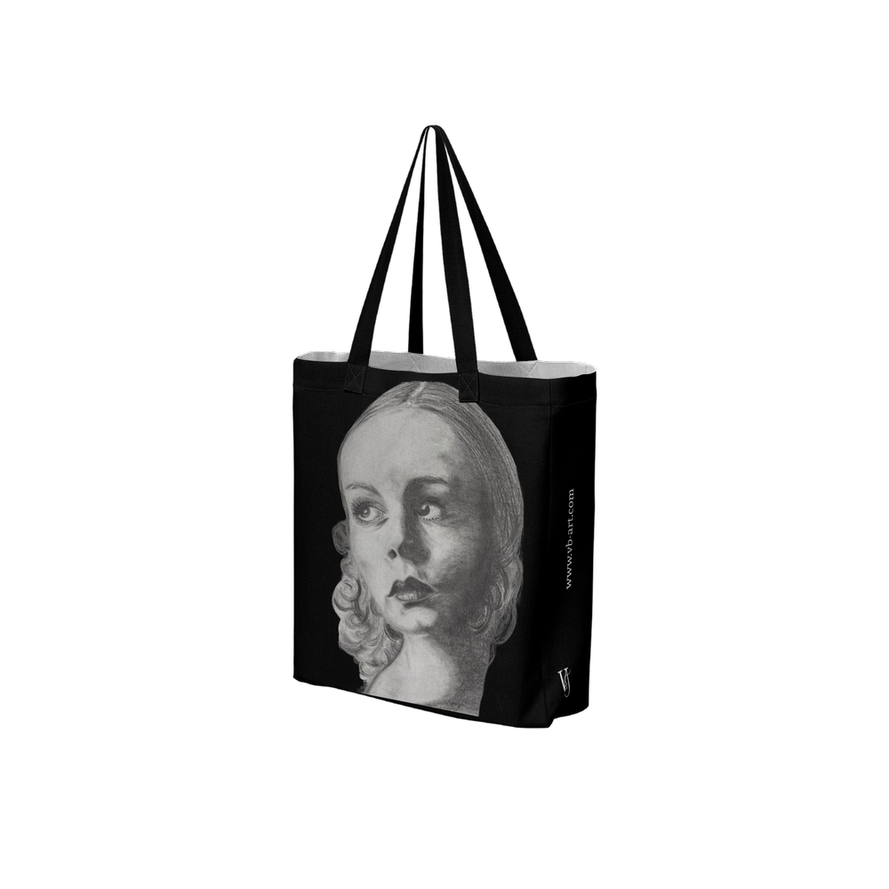Where Time Falls Quiet Black Art Tote Bag by french Artist Virginie Bergar featuring an original female portrait - 3/4 font view