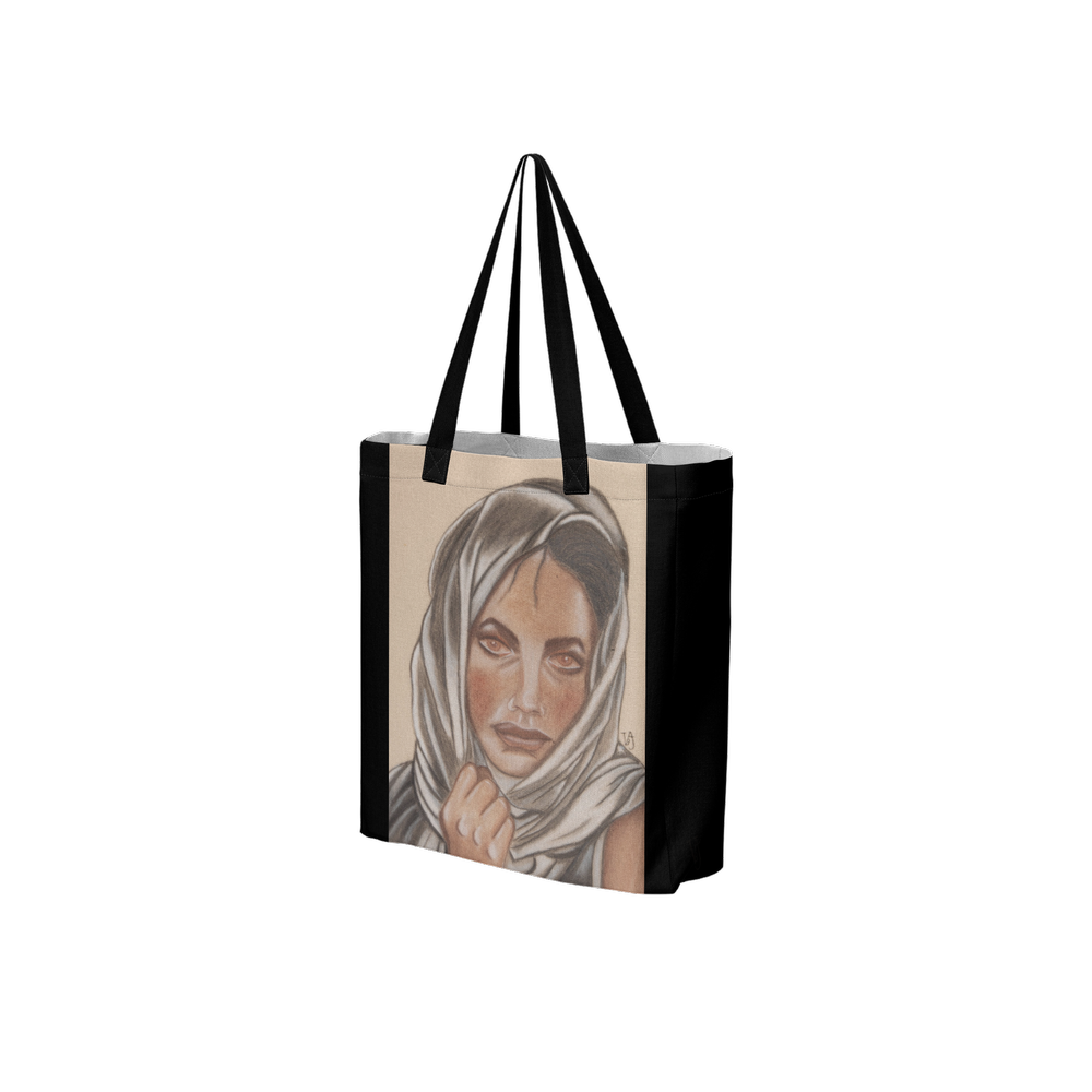 Where Time Falls Quiet black art tote bag featuring an original artwork by Virginie Bergar — 3/4 Front view
