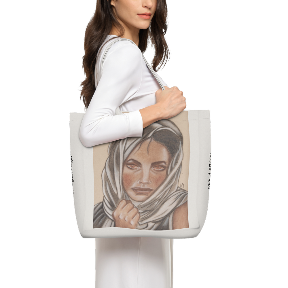 Off White art tote bag featuring Beneath the Red Dust, an original artwork by French artist Virginie Bergar. Wearable art made from recycled polyester. - Front view worn over the shoulder