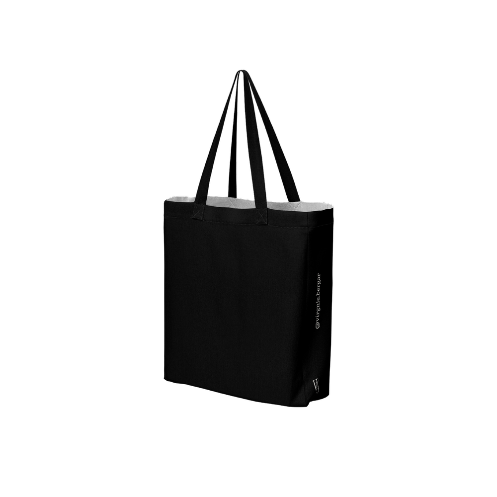 Graphic Portrait black art tote bag featuring an original artwork by Virginie Bergar —3/4 back  view