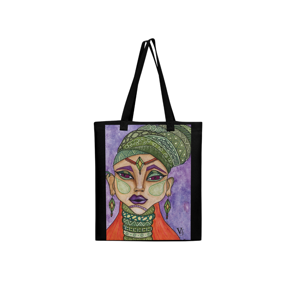 Graphic Portrait black art tote bag featuring an original artwork by Virginie Bergar — front view