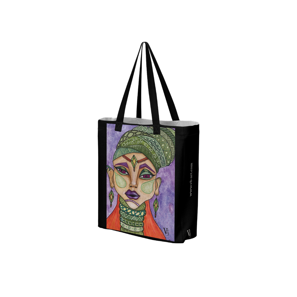 Graphic Portrait black art tote bag featuring an original artwork by Virginie Bergar — 3/4 front view