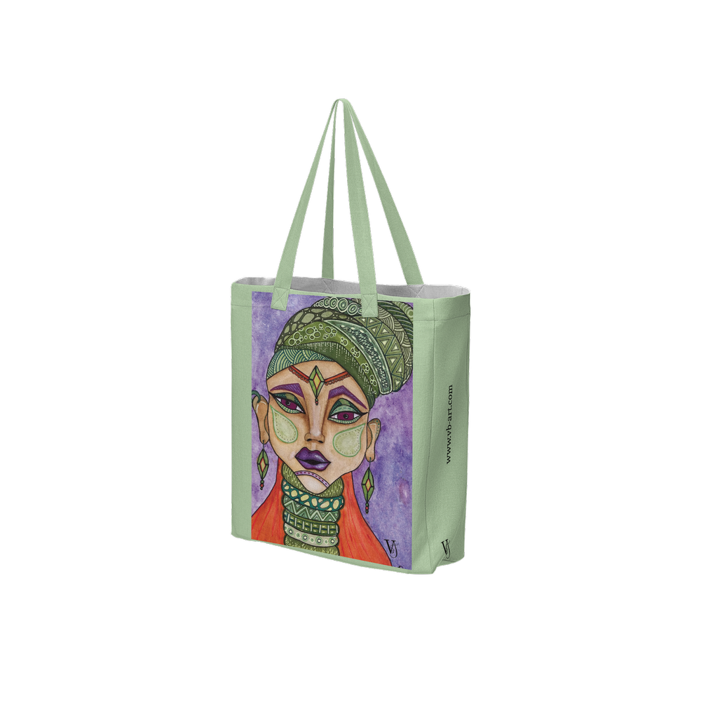 Fields of Poppies Spring green  art tote bag featuring an original artwork by Virginie Bergar — 3/4 front  view