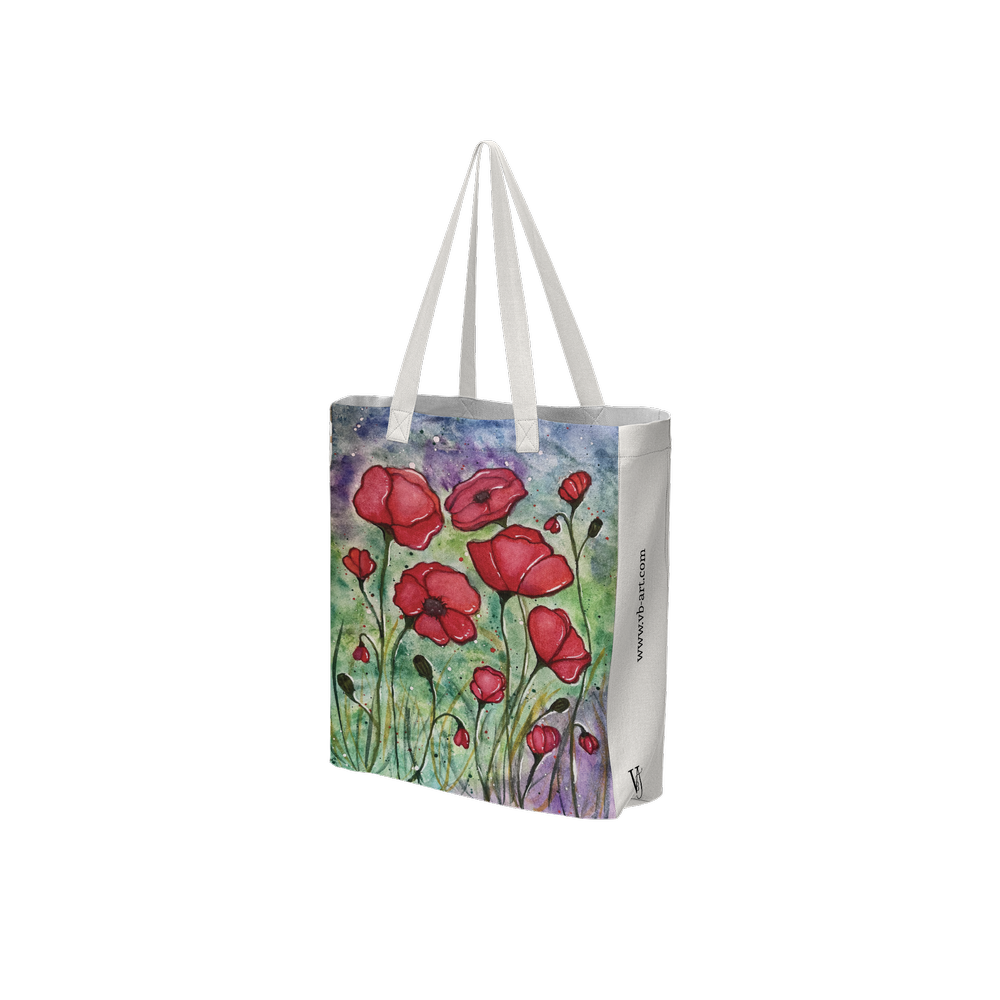 Field of Poppies Off white art tote bag featuring an original artwork by Virginie Bergar — 3/4 front  view