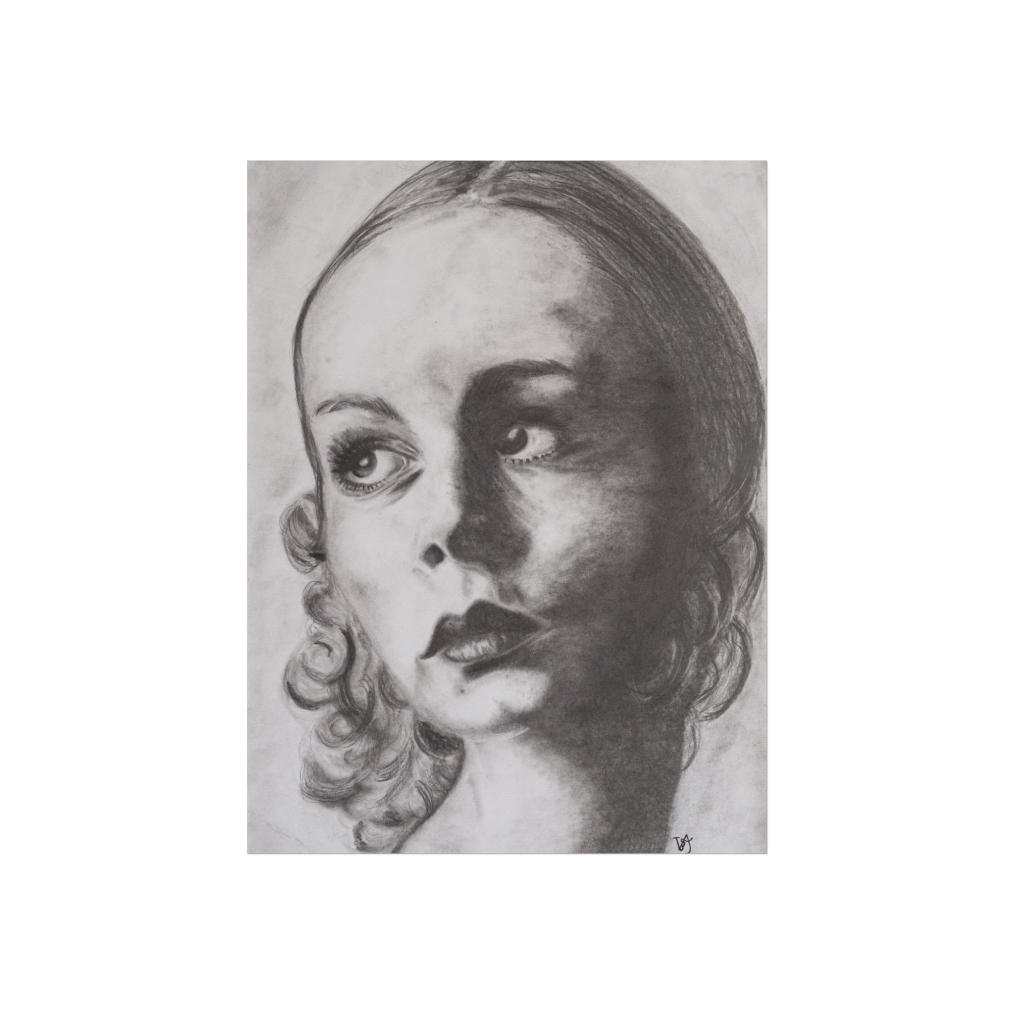 Where Time Falls Quiet by Virginie Bergar — monochrome female portrait in graphite with dramatic light and shadow