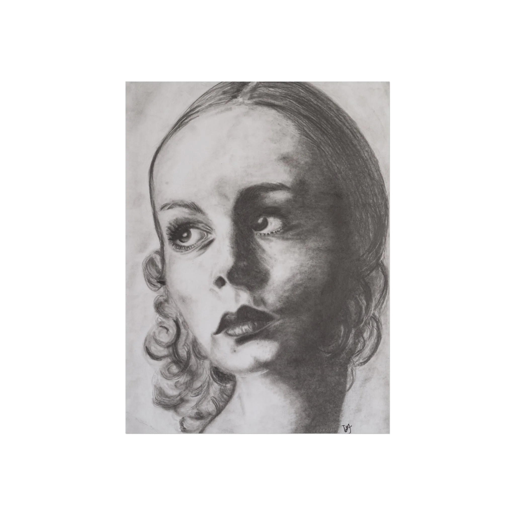 Where Time Falls Quiet by Virginie Bergar — monochrome female portrait in graphite with dramatic light and shadow