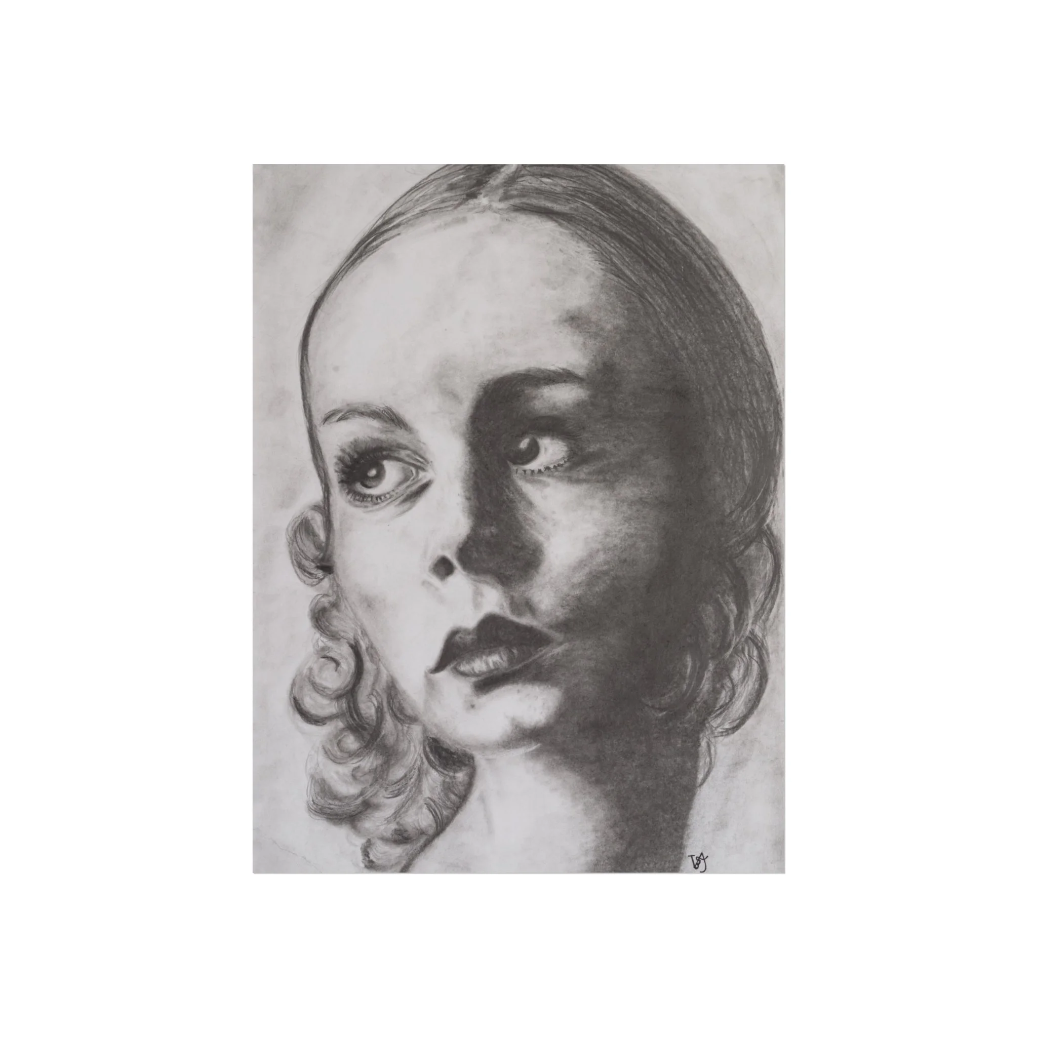 Where Time Falls Quiet by Virginie Bergar — monochrome female portrait in graphite with dramatic light and shadow