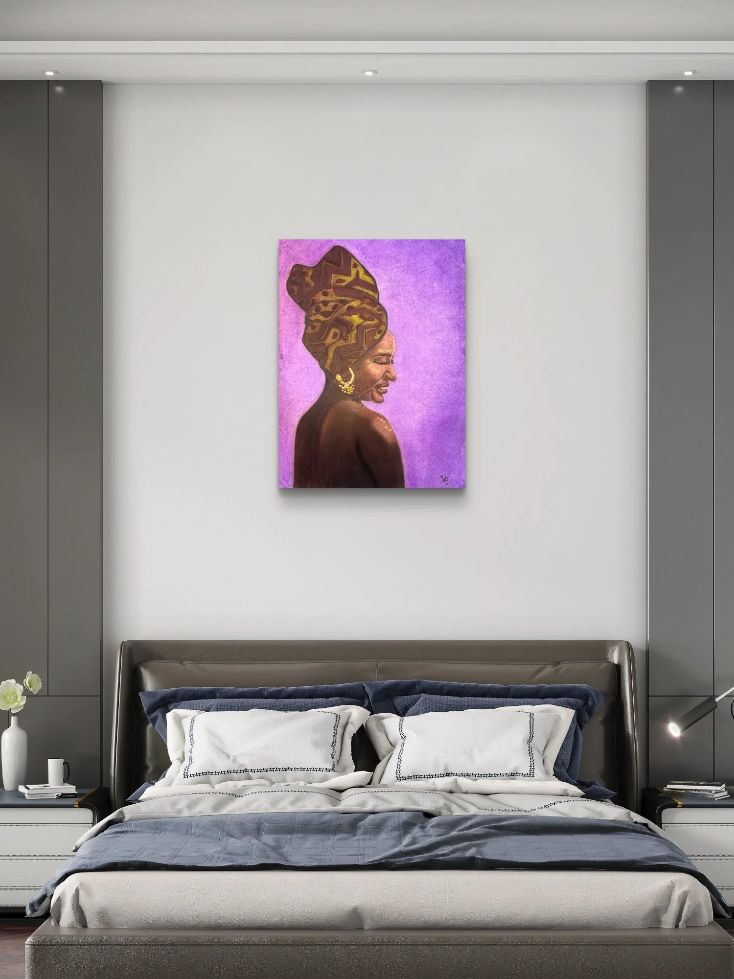 Woman of Ivory and Ebony Open Edition fine art print by Virginie Bergar — 24 × 32 in displayed in a contemporary grey bedroom