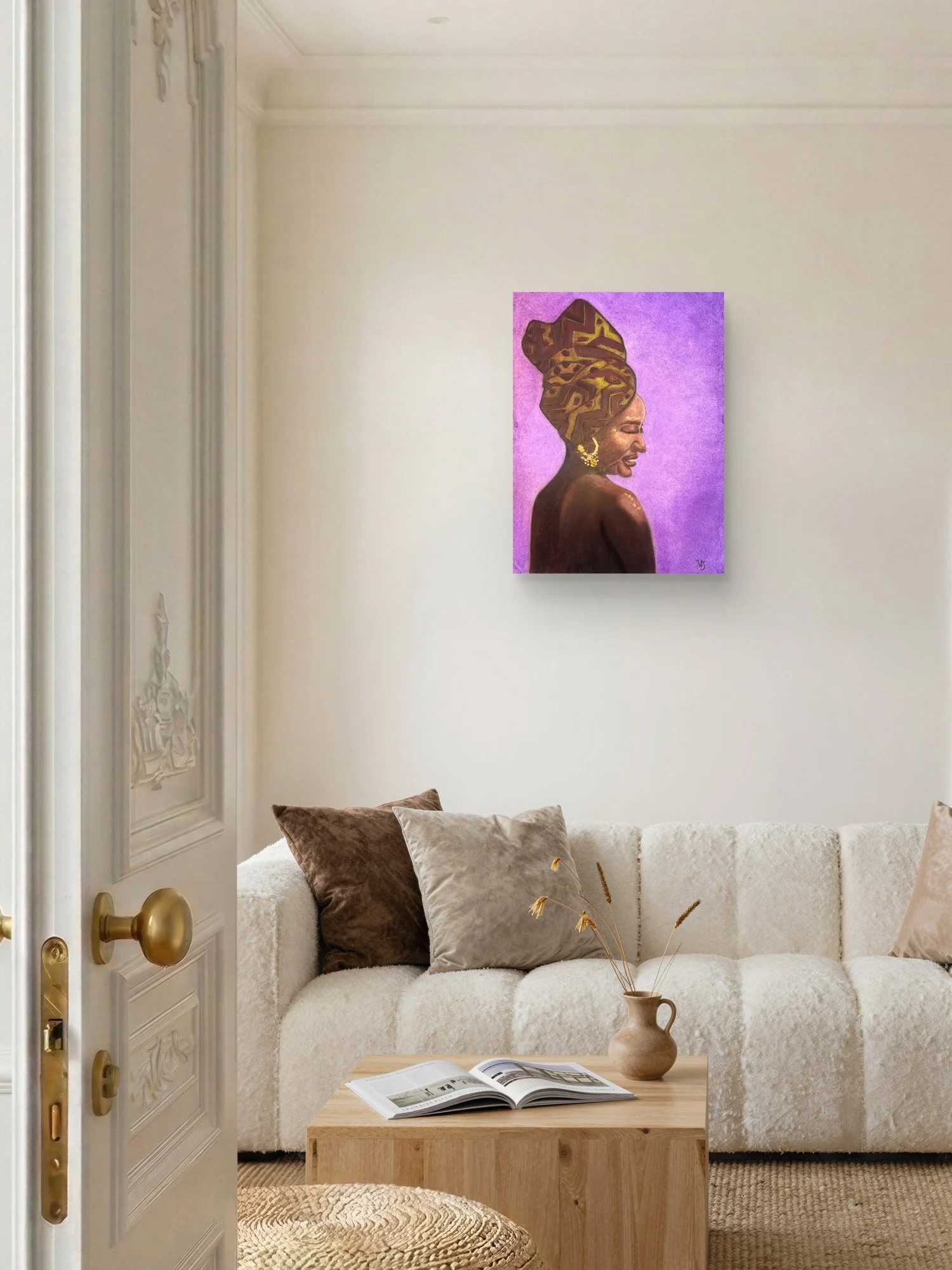 Woman of Ivory and Ebony Open Edition fine art print by Virginie Bergar — 24 × 32 in displayed above a sofa on a warm and cosy living room - 24 x 32in