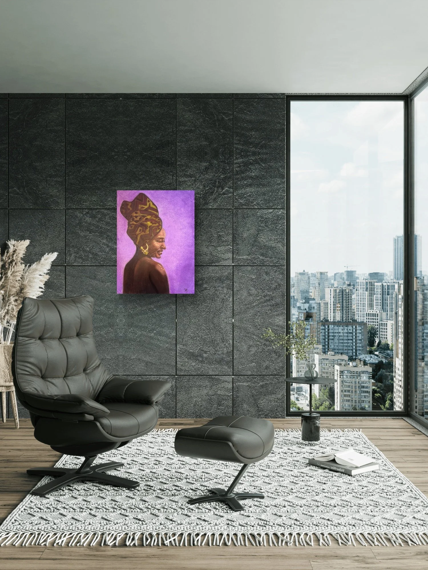 Woman of Ivory and Ebony Open Edition fine art print by Virginie Bergar — 24 × 32 in displayed on a dark grey wall in a contemporary living room