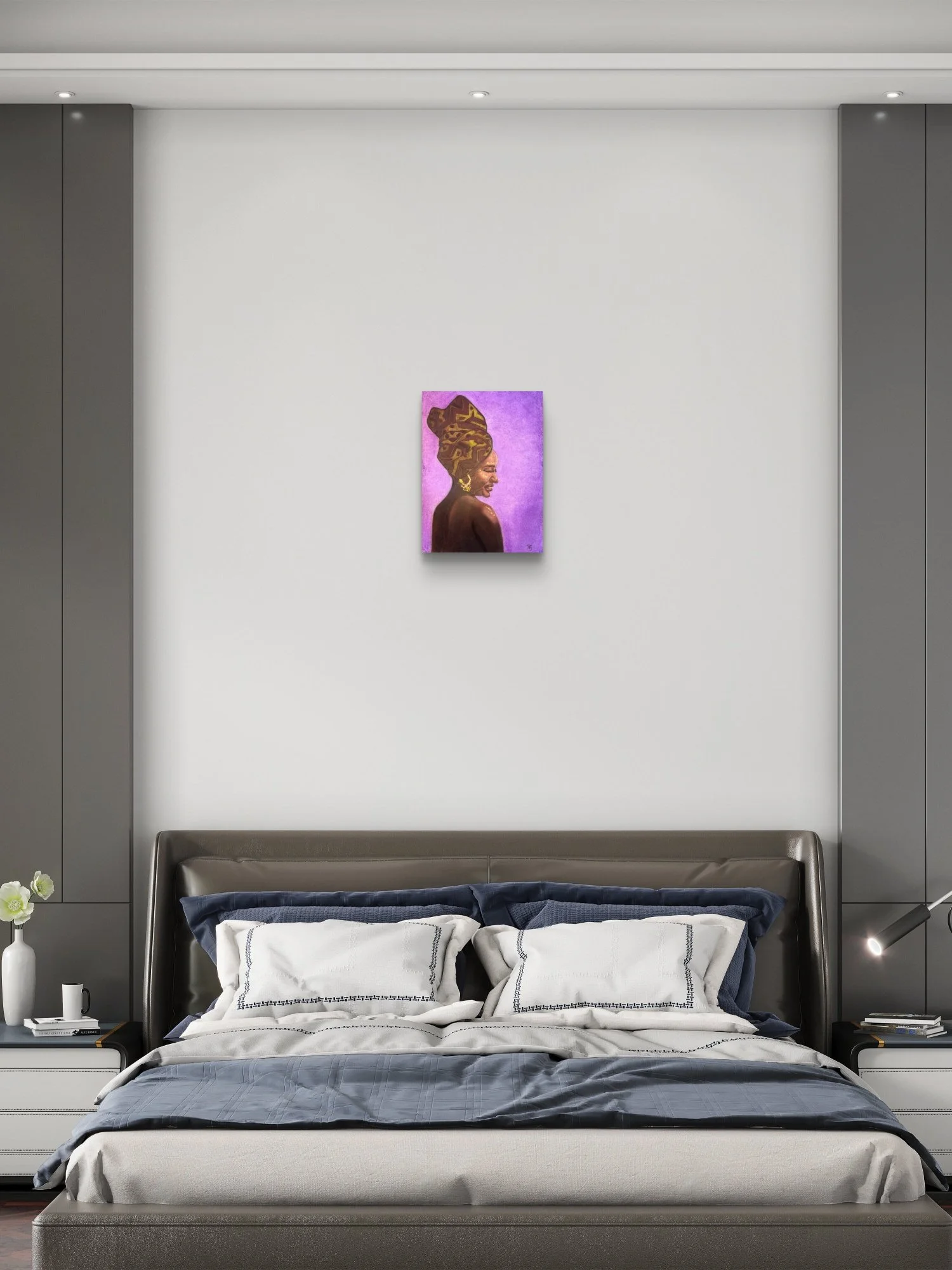 Woman of Ivory and Ebony Open Edition fine art print by Virginie Bergar — 12 × 16 in displayed in a contemporary grey bedroom