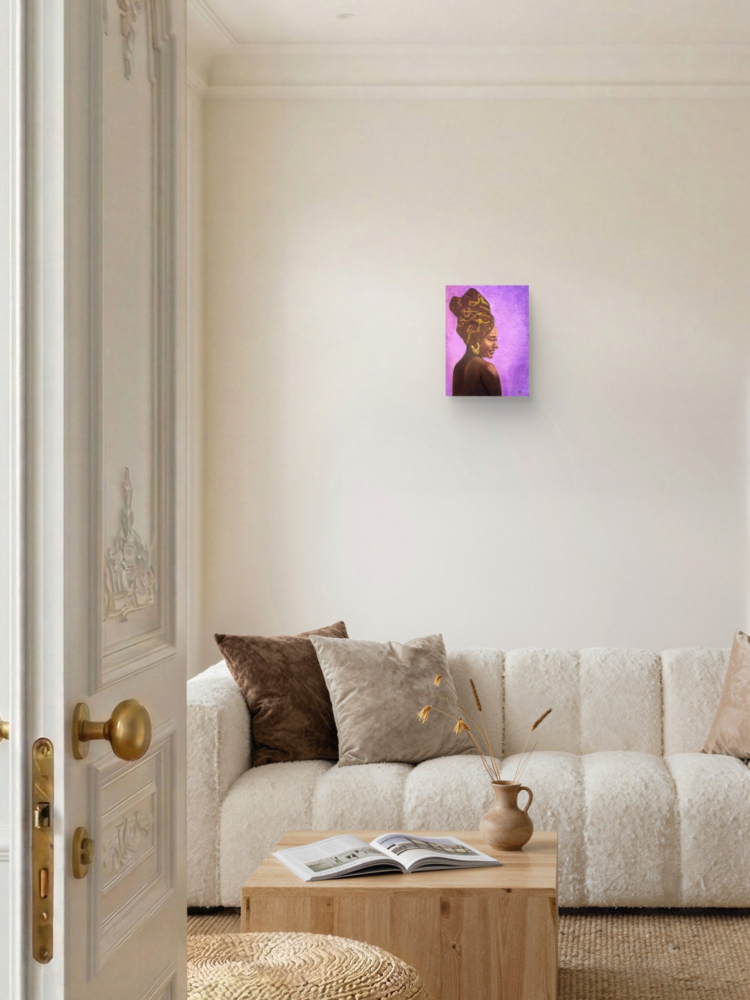 Woman of Ivory and Ebony Open Edition fine art print by Virginie Bergar — 24 × 32 in displayed above a sofa on a warm and cosy living room - 12 x 16 in