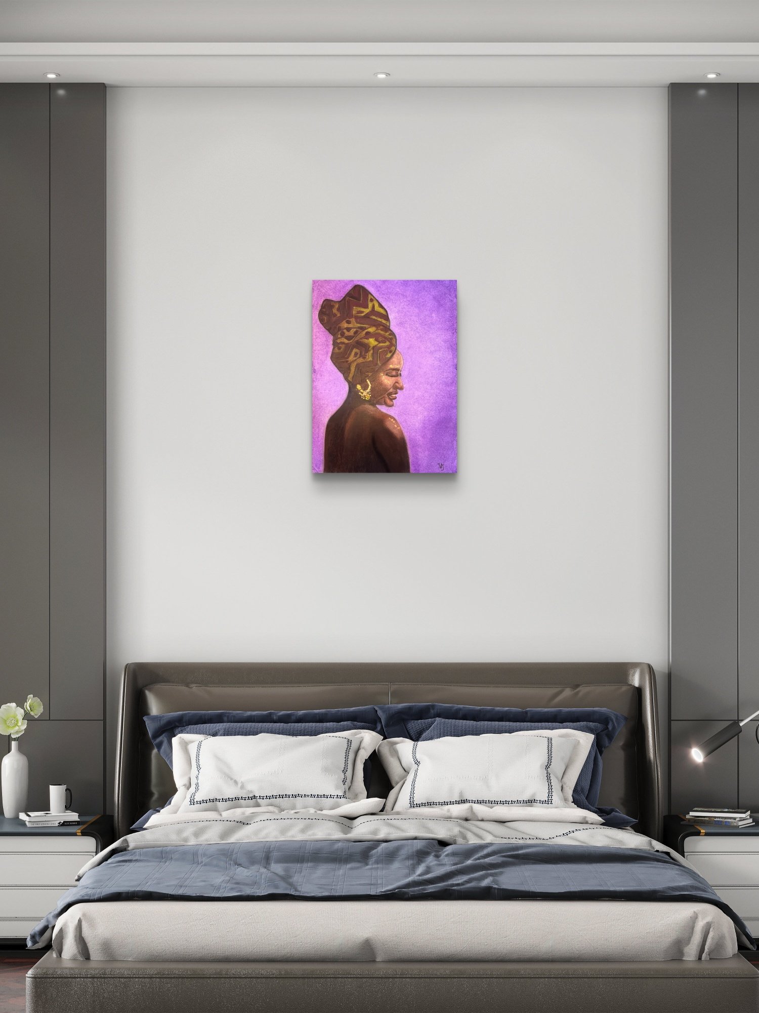 Woman of Ivory and Ebony Open Edition fine art print by Virginie Bergar — 18 × 24 in displayed in a contemporary grey bedroom
