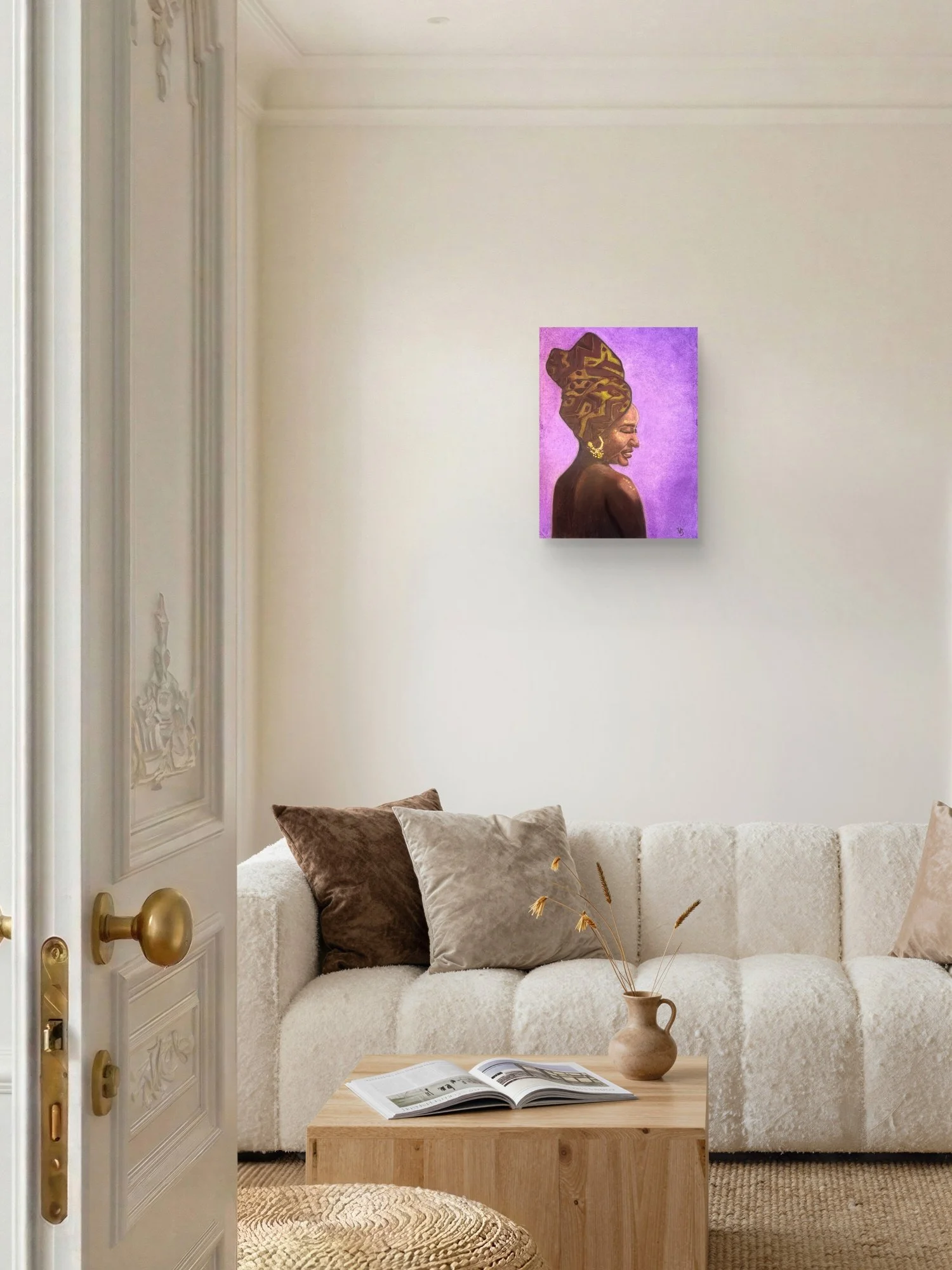 Woman of Ivory and Ebony Open Edition fine art print by Virginie Bergar — 24 × 32 in displayed above a sofa on a warm and cosy living room - 18 x 24 in