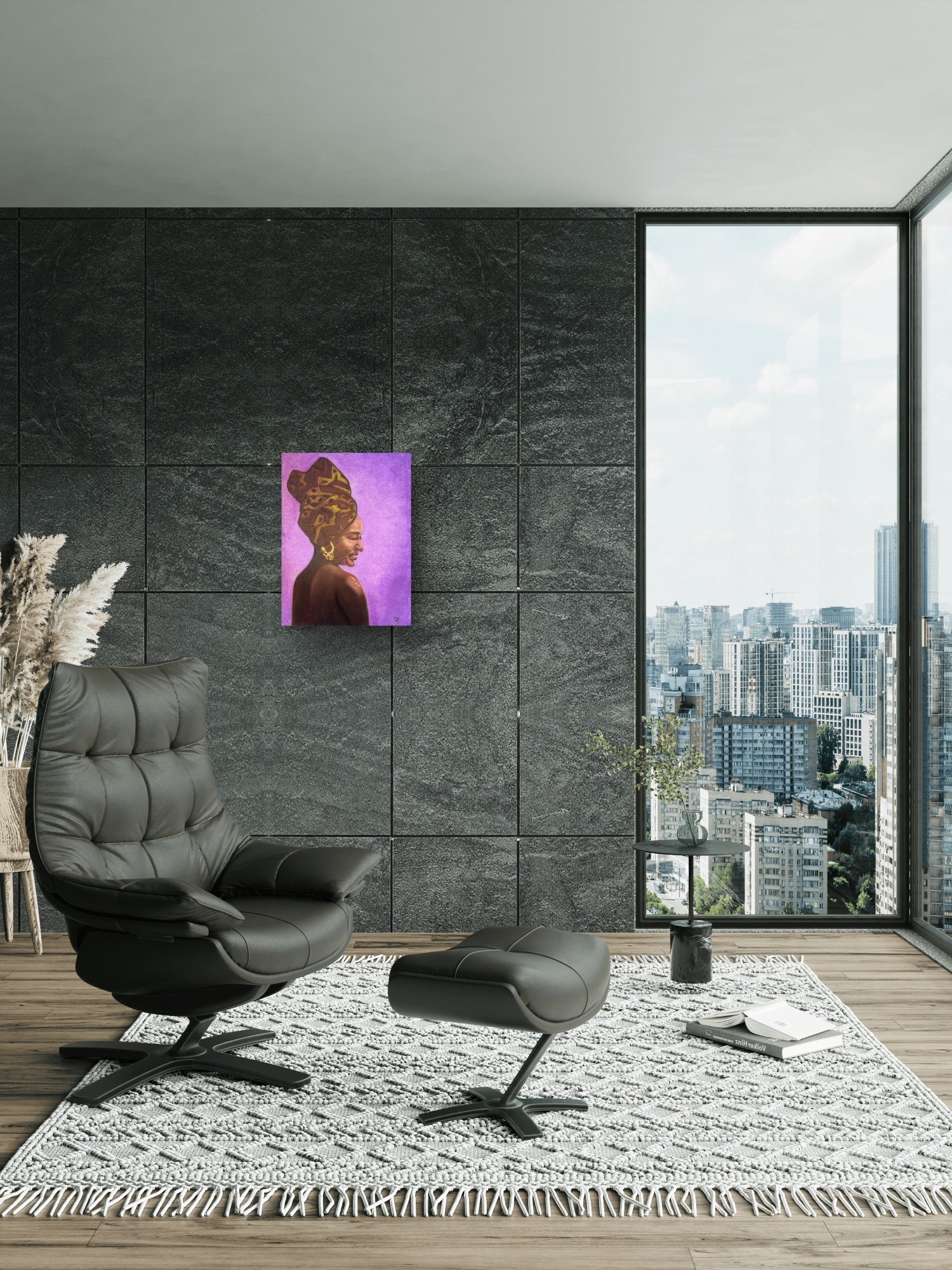 Woman of Ivory and Ebony Open Edition fine art print by Virginie Bergar — 18 × 24 in displayed on a dark grey wall in a contemporary living room