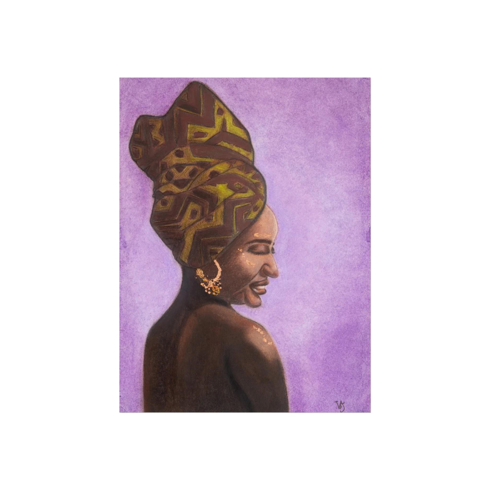 Woman of Ivory and Ebony by Virginie Bergar — contemporary female portrait with patterned headwrap, violet background and golden details