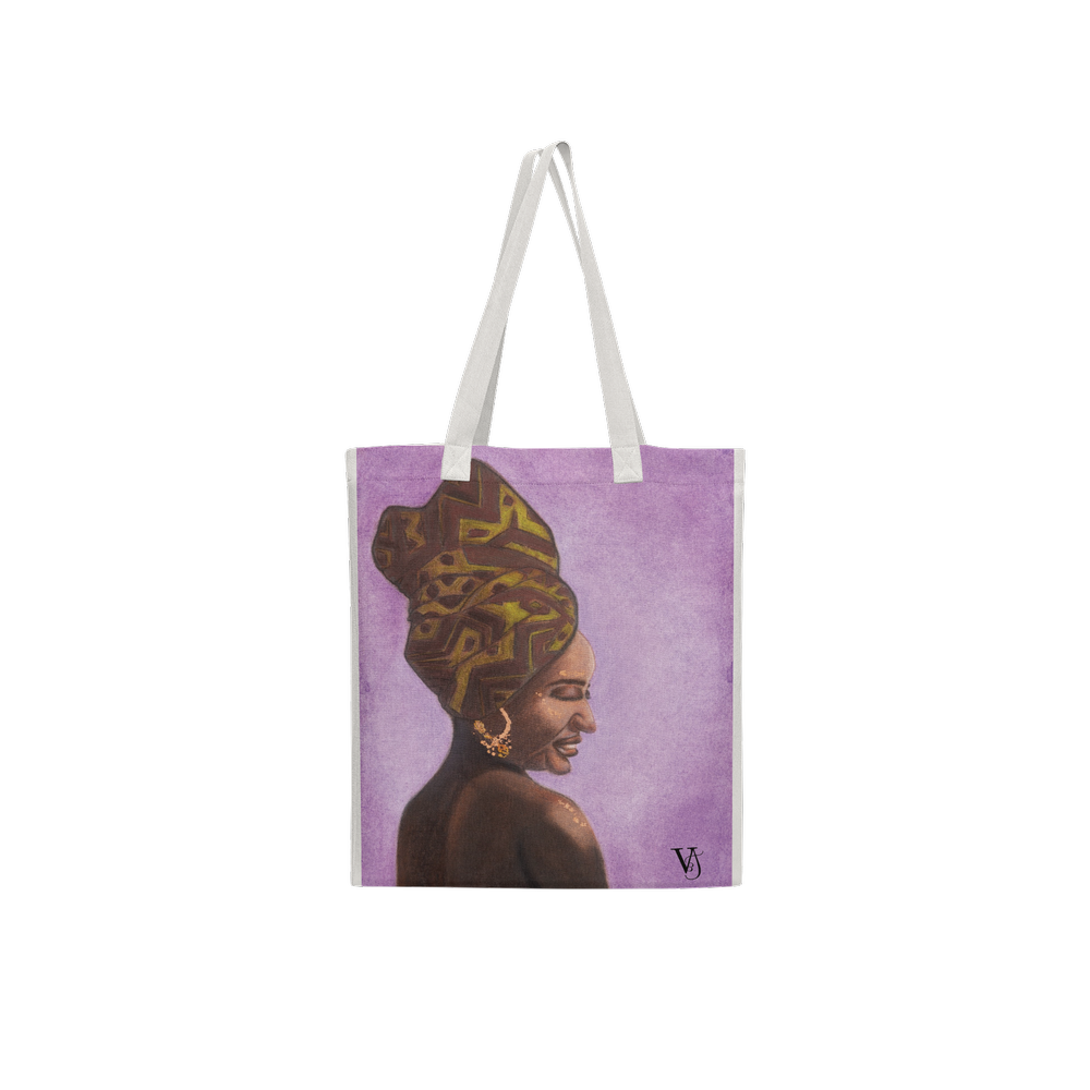 Woman of Ivory and Ebony art tote bag by Virginie Bergar — off-white recycled polyester bag with violet female portrait design, front view