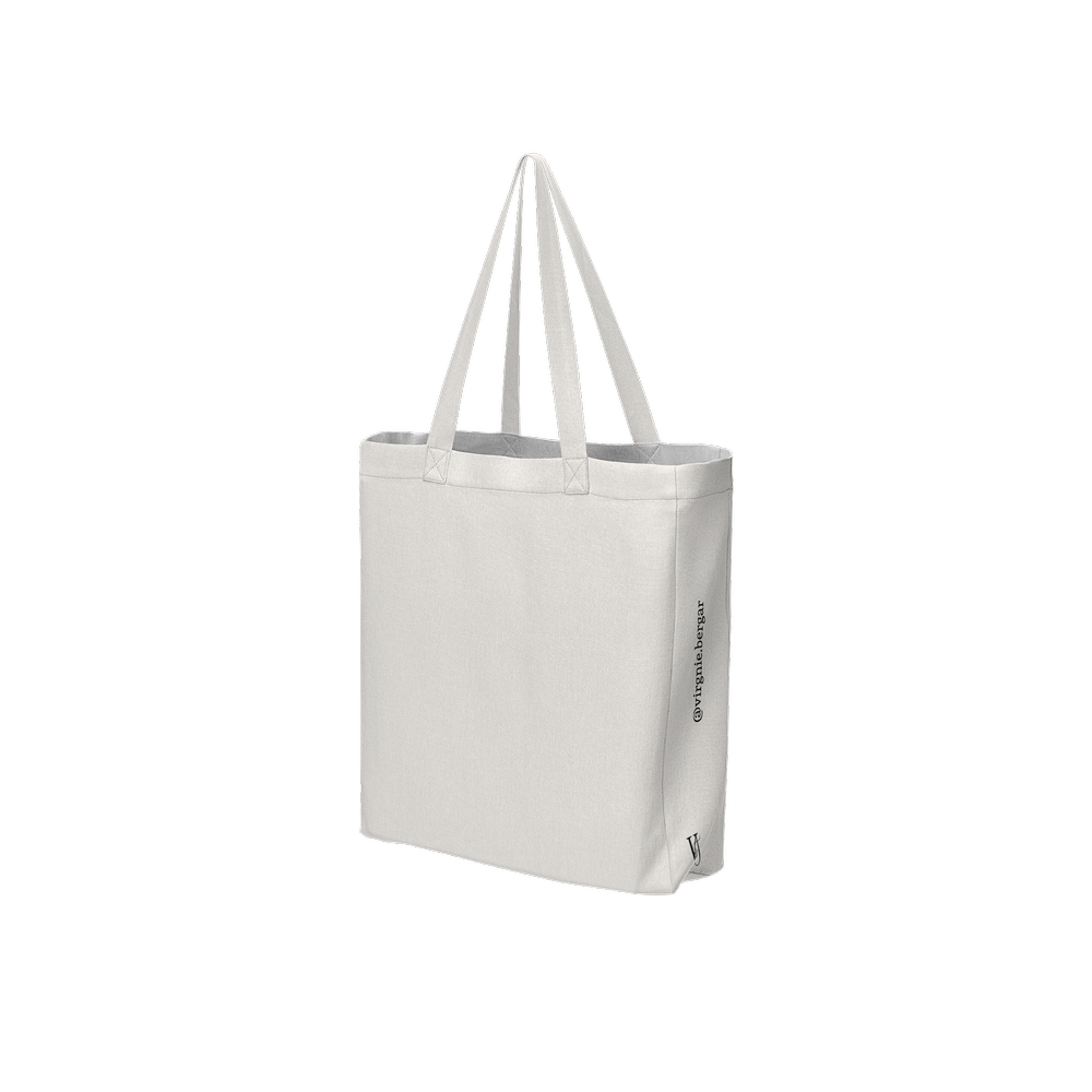 Woman of Ivory and Ebony wearable art tote bag — off-white recycled polyester bag shown from the back and side