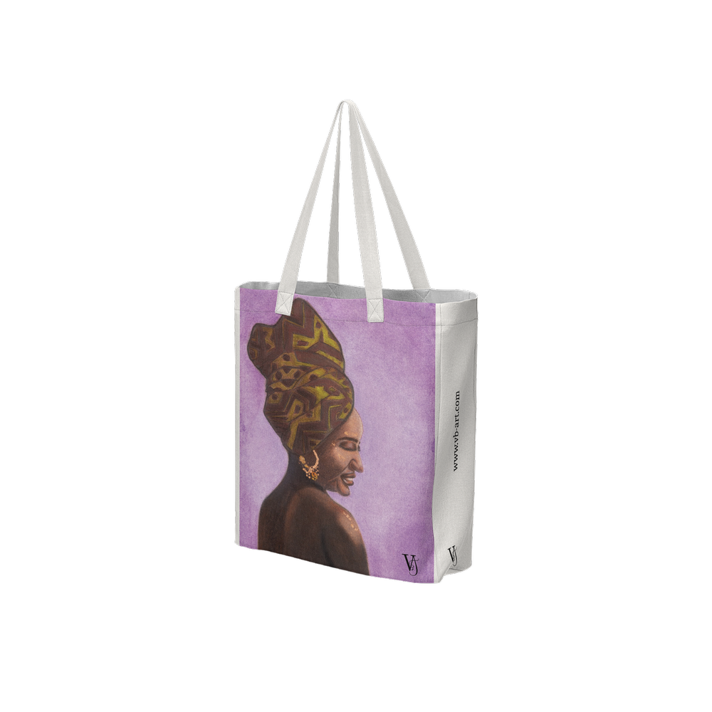 Woman of Ivory and Ebony wearable art tote bag by Virginie Bergar — off-white recycled polyester bag shown from a three-quarter angle