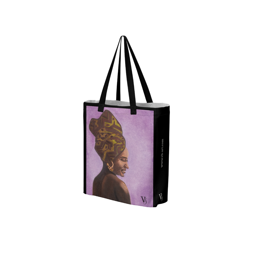 Woman of Ivory and Ebony wearable art tote bag by Virginie Bergar — Black recycled polyester bag shown from a three-quarter angle
