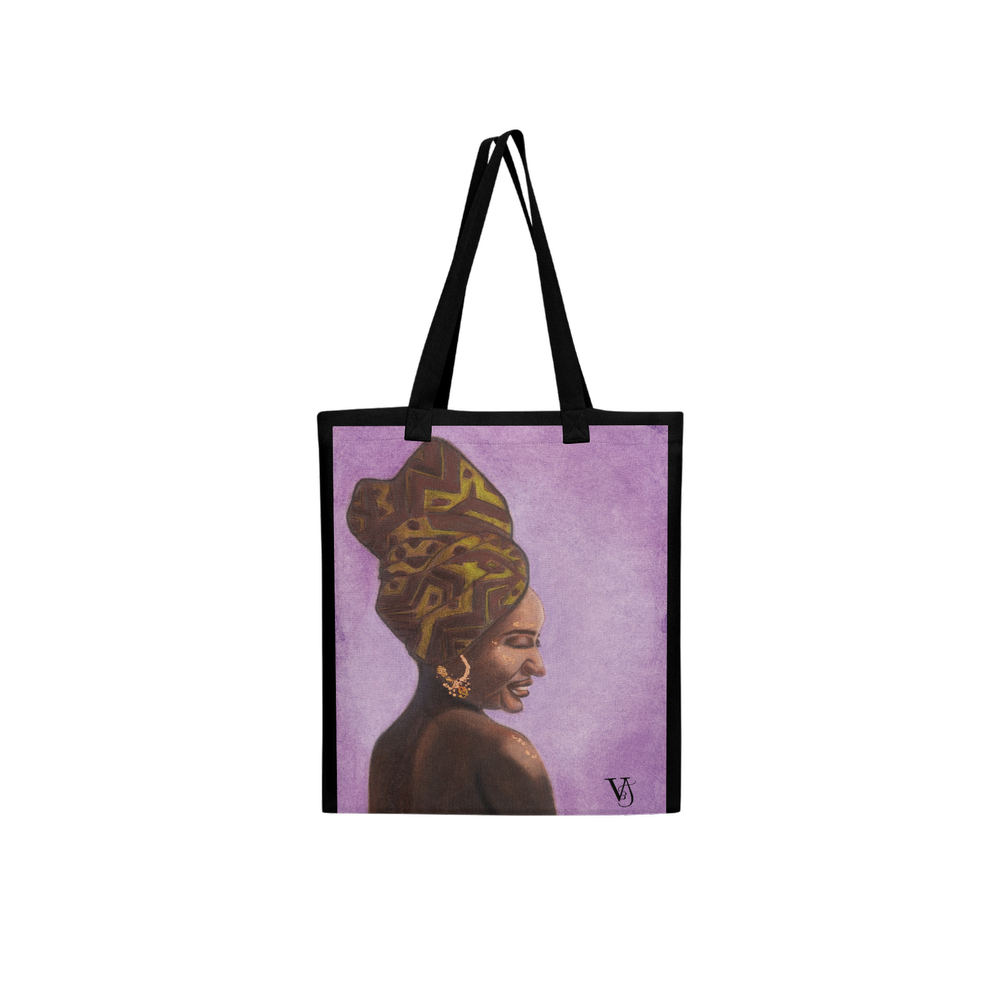 Woman of Ivory and Ebony art tote bag by Virginie Bergar — Black recycled polyester bag with violet female portrait design, front view