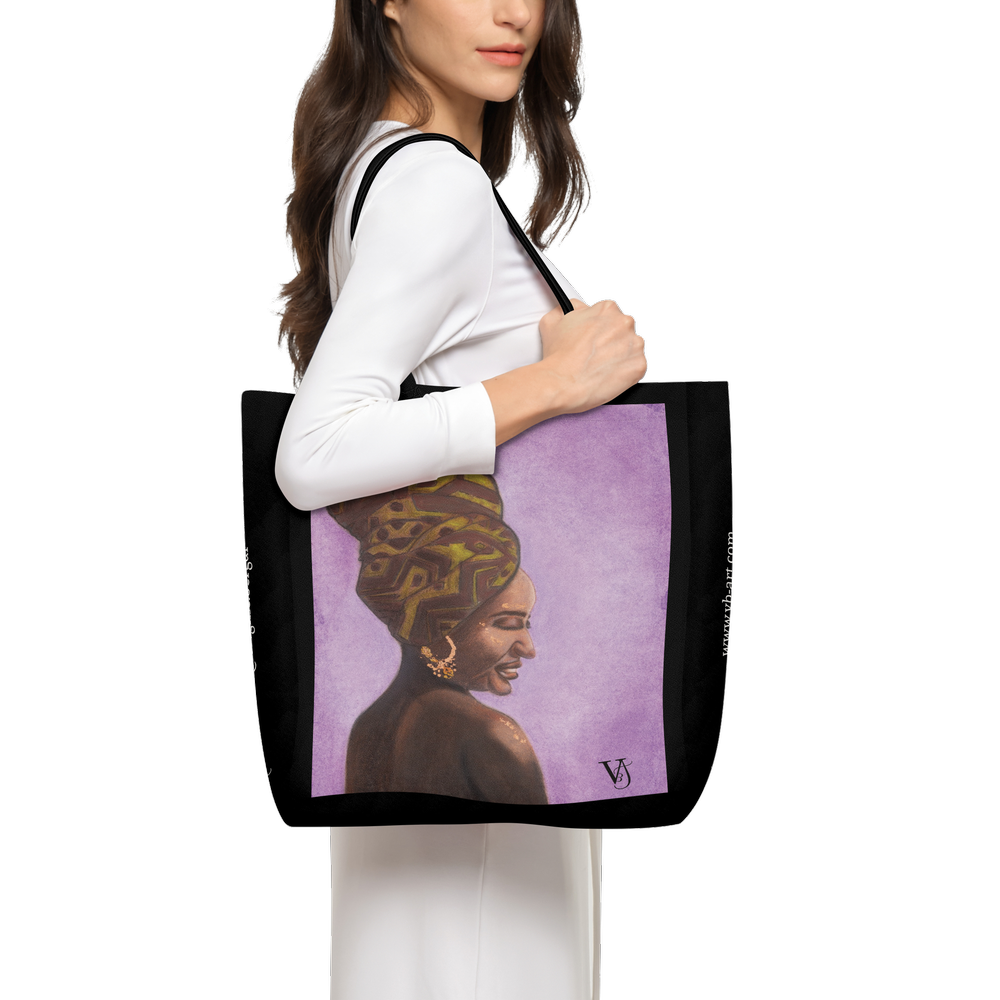 Woman of Ivory and Ebony wearable art tote bag by Virginie Bergar — lifestyle view showing the violet portrait design carried over the shoulder