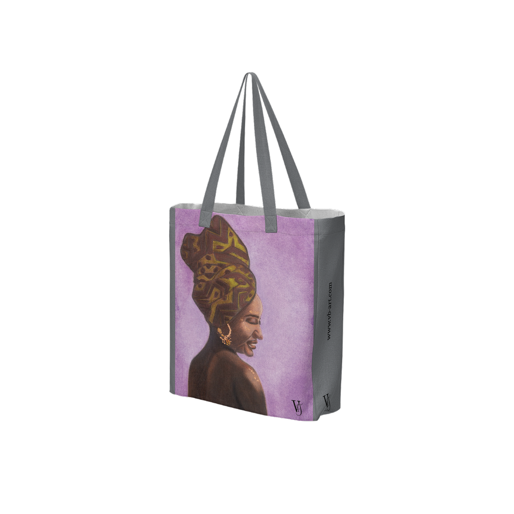Woman of Ivory and Ebony wearable art tote bag by Virginie Bergar — Grey recycled polyester bag shown from a three-quarter angle front view