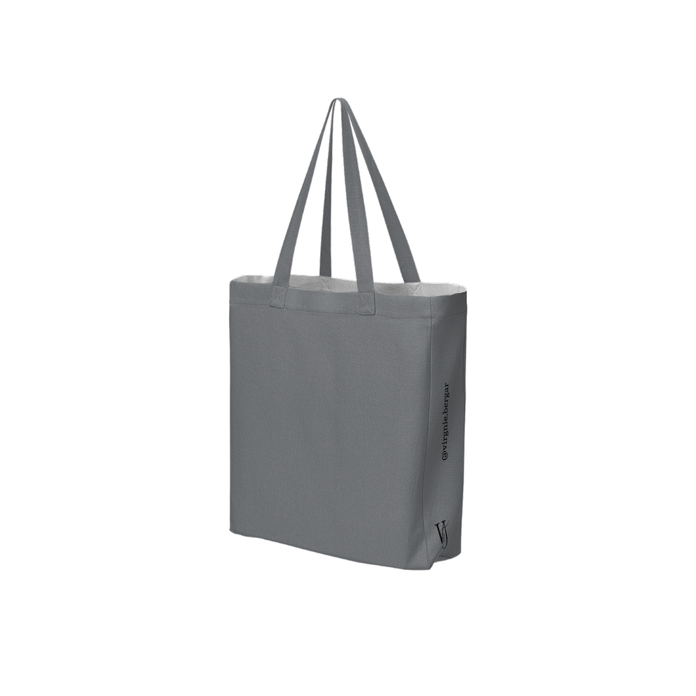 Woman of Ivory and Ebony wearable art tote bag — Grey recycled polyester bag shown from the back and side