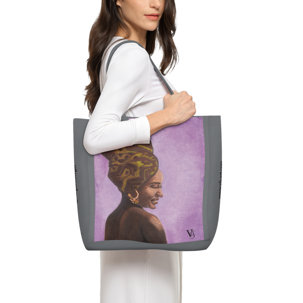 Woman of Ivory and Ebony wearable art tote bag by Virginie Bergar — lifestyle view showing the violet portrait design carried over the shoulder