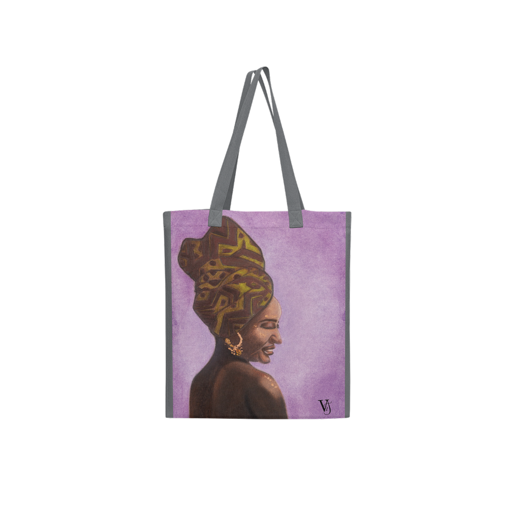 Woman of Ivory and Ebony art tote bag by Virginie Bergar — Grey recycled polyester bag with violet female portrait design, front view