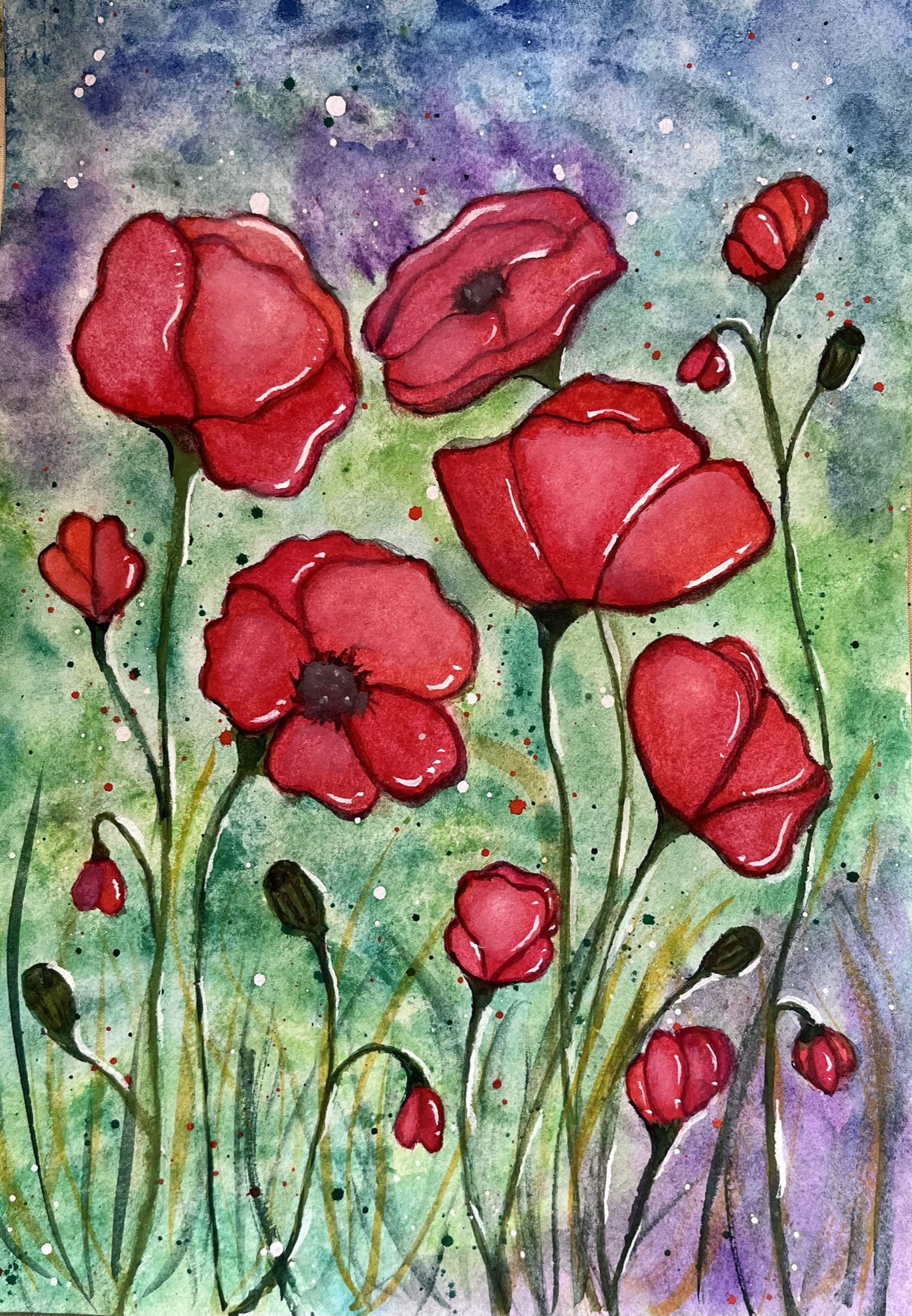 Field of Poppies celebrates the fragile vitality of the natural world.
Red blooms rise freely through layers of green, turquoise and violet, their fluid contours contrasting with the spontaneous marks and splashes surrounding them. Rather than descri