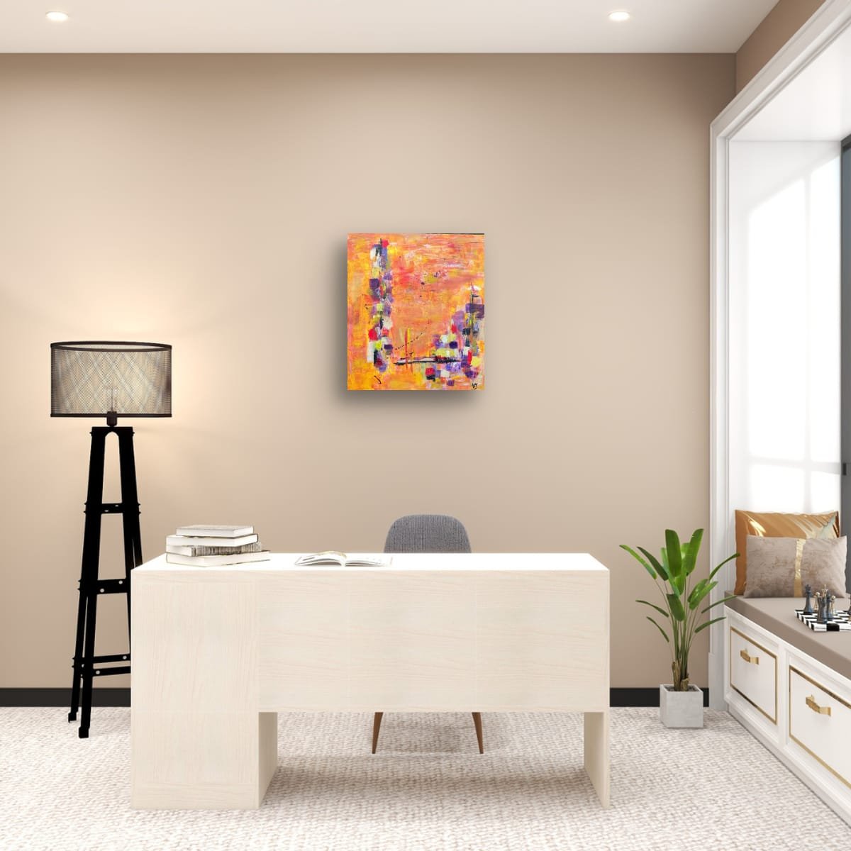 Incandescent Metamorphosis displayed above a desk in a bright contemporary workspace, original abstract artwork by Virginie Bergar.