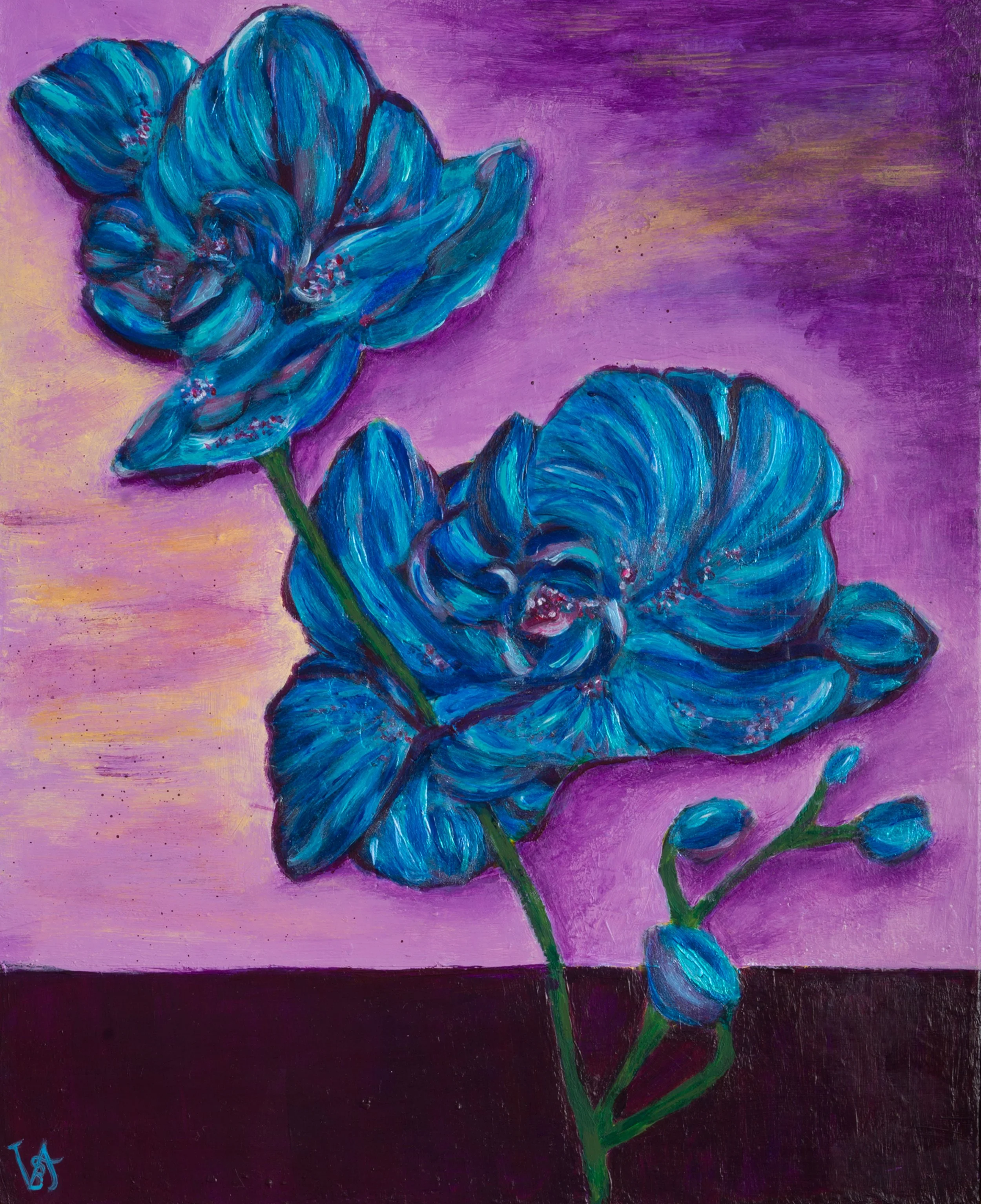 Orchids in Silence explores the paradox between stillness and intensity.
Against a field of violet and muted pink, the orchids unfold in unexpected shades of deep turquoise and blue. Their forms are recognisable, yet colour pulls them away from natur