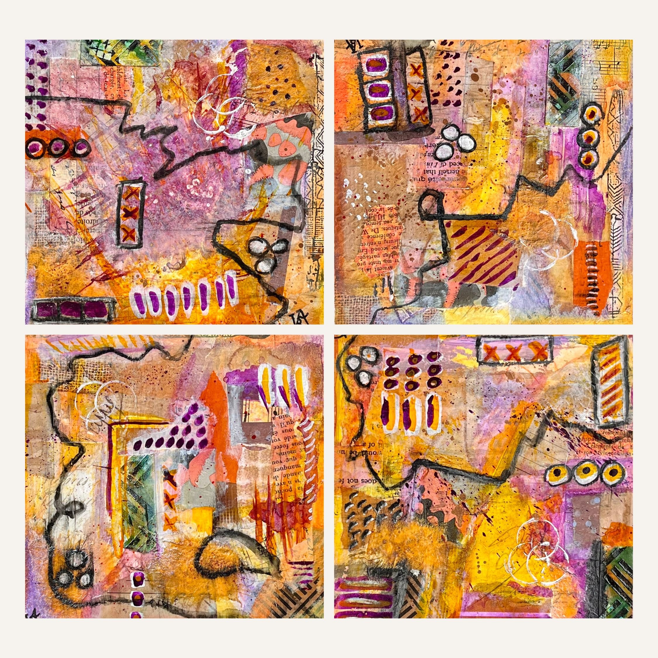 "TRIBUTE TO INDIA #1–4" is a four-part exploration born from impressions of India — its colours, textures, architecture, fabrics and visual abundance.
Ochres, saffron yellows, pinks and deep purples meet fragments of text, signs, lines and layered ma