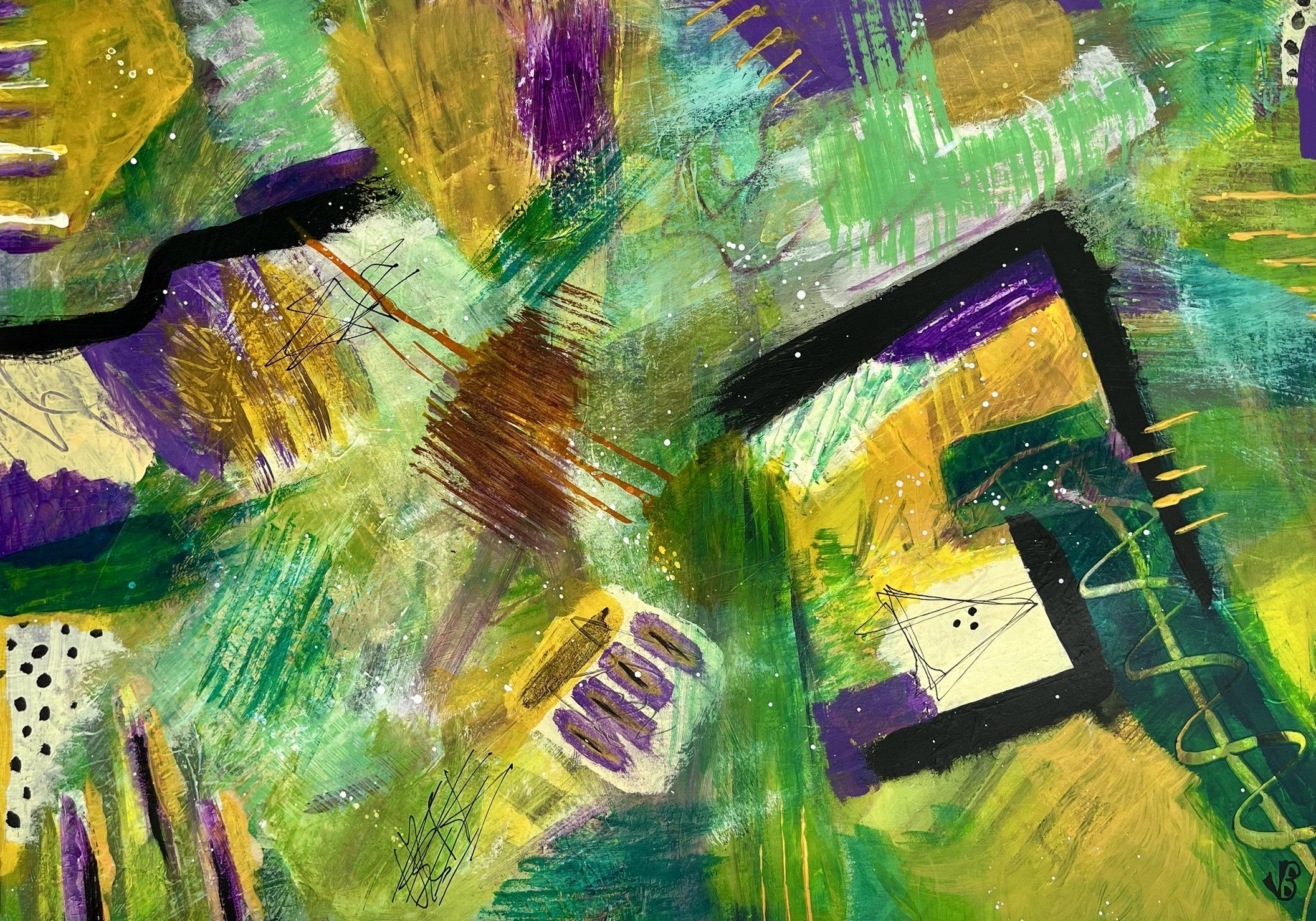 "TRUE HOPE" does not imagine hope as the absence of chaos.
Broad gestures of green, yellow, violet and black overlap, collide and interrupt one another. Marks remain visible, directions change, and no attempt is made to completely resolve the surface